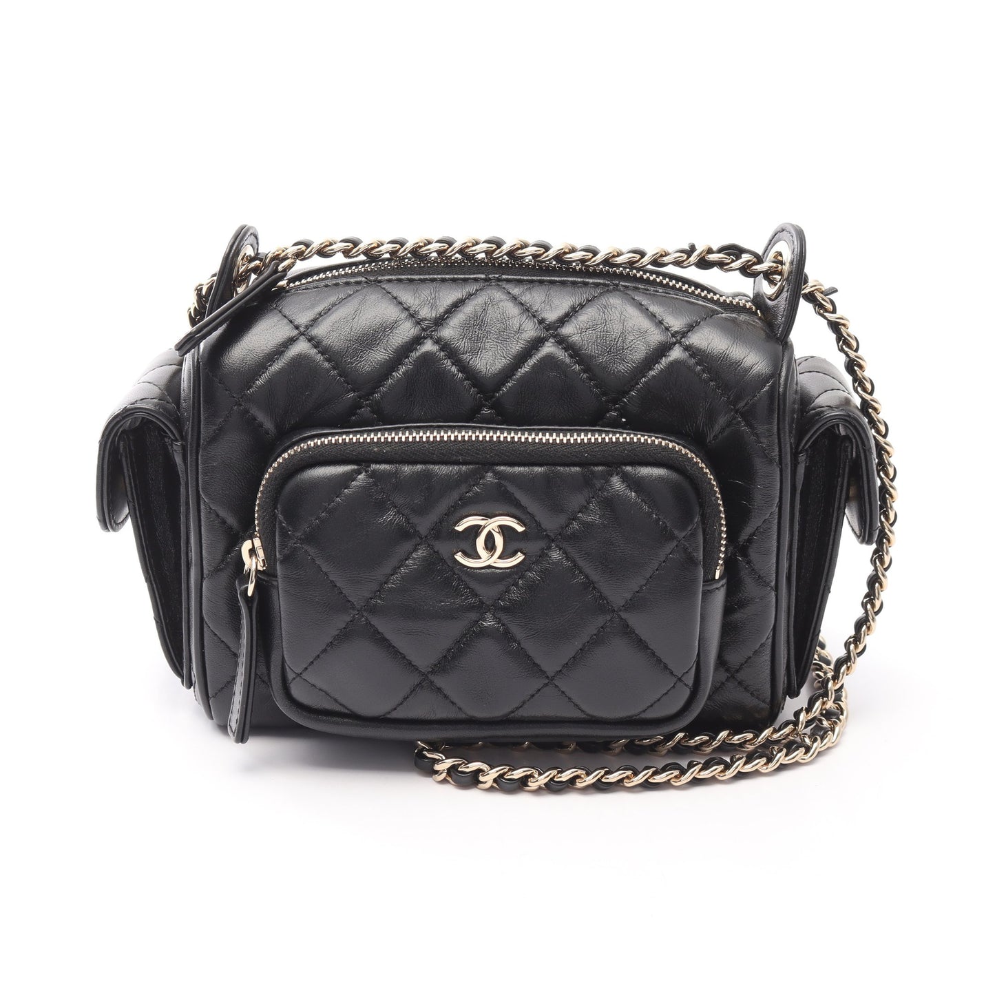マトラッセ カメラバッグ チェーンショルダーバッグ ラムスキン ブラック ゴールド金具 シャネル バッグ CHANEL