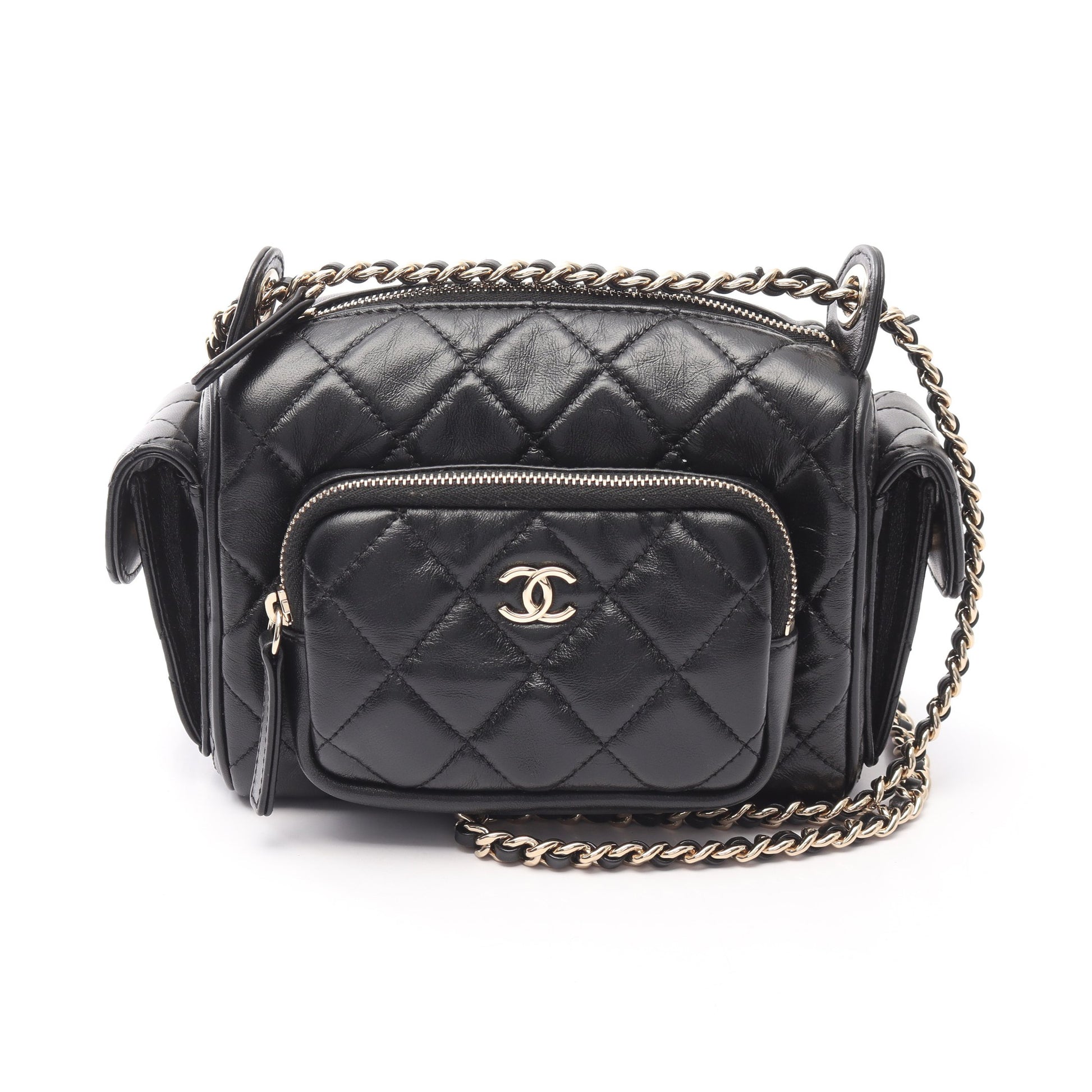 マトラッセ カメラバッグ チェーンショルダーバッグ ラムスキン ブラック ゴールド金具 シャネル バッグ CHANEL