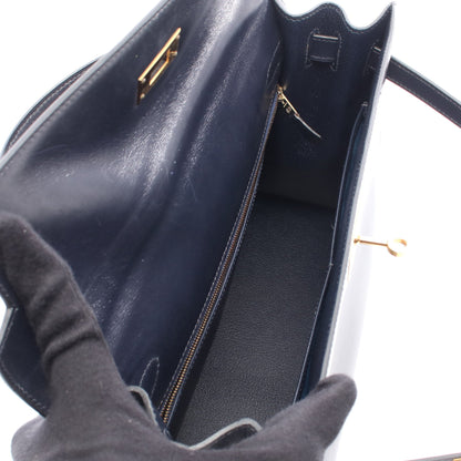 ケリー32 ブルーインディゴ ハンドバッグ ボックスカーフ ネイビー ゴールド金具 外縫い 2WAY □B刻印 エルメス バッグ HERMES