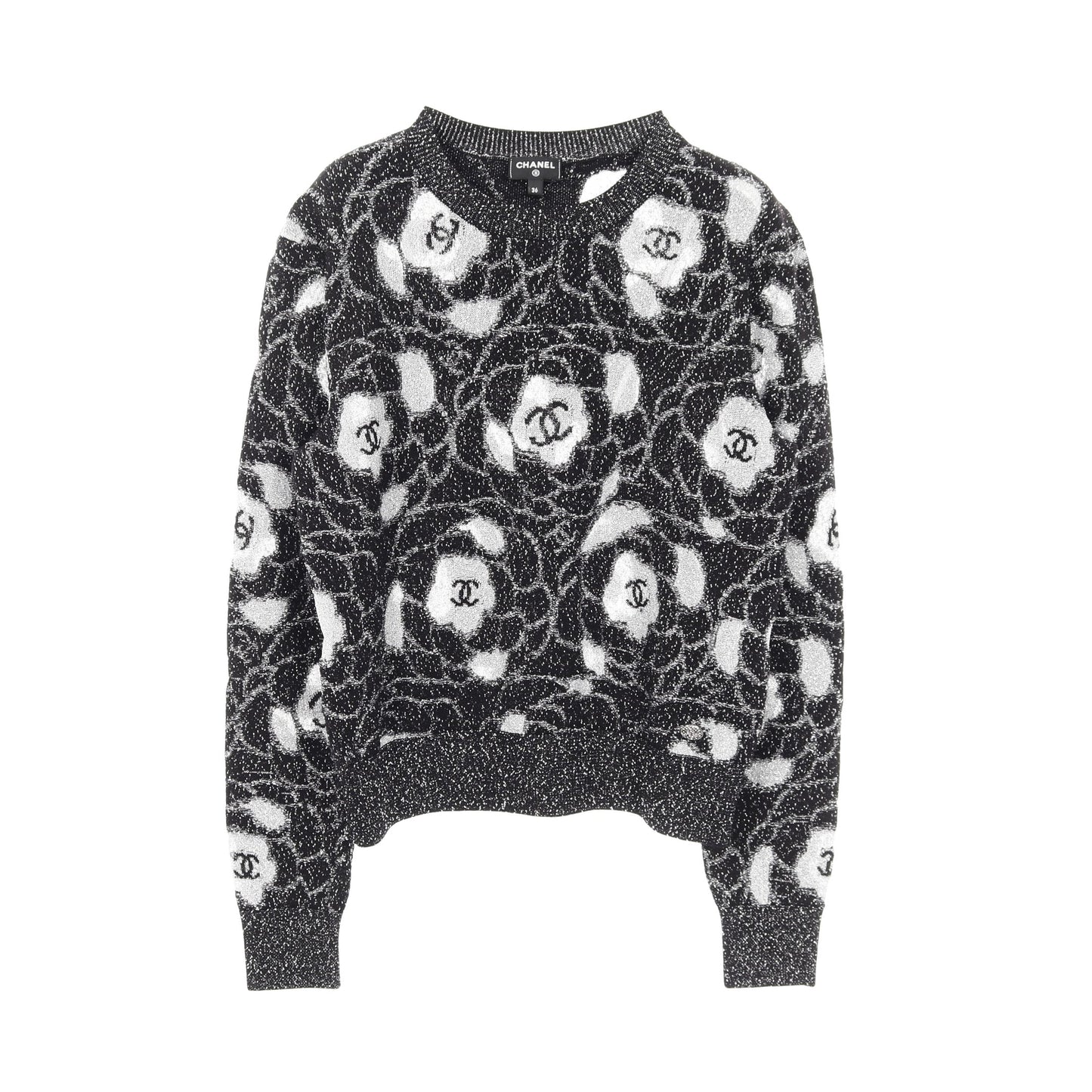 カメリア ココマーク ニット クルーネック ビスコース ブラック シルバー シャネル トップス CHANEL