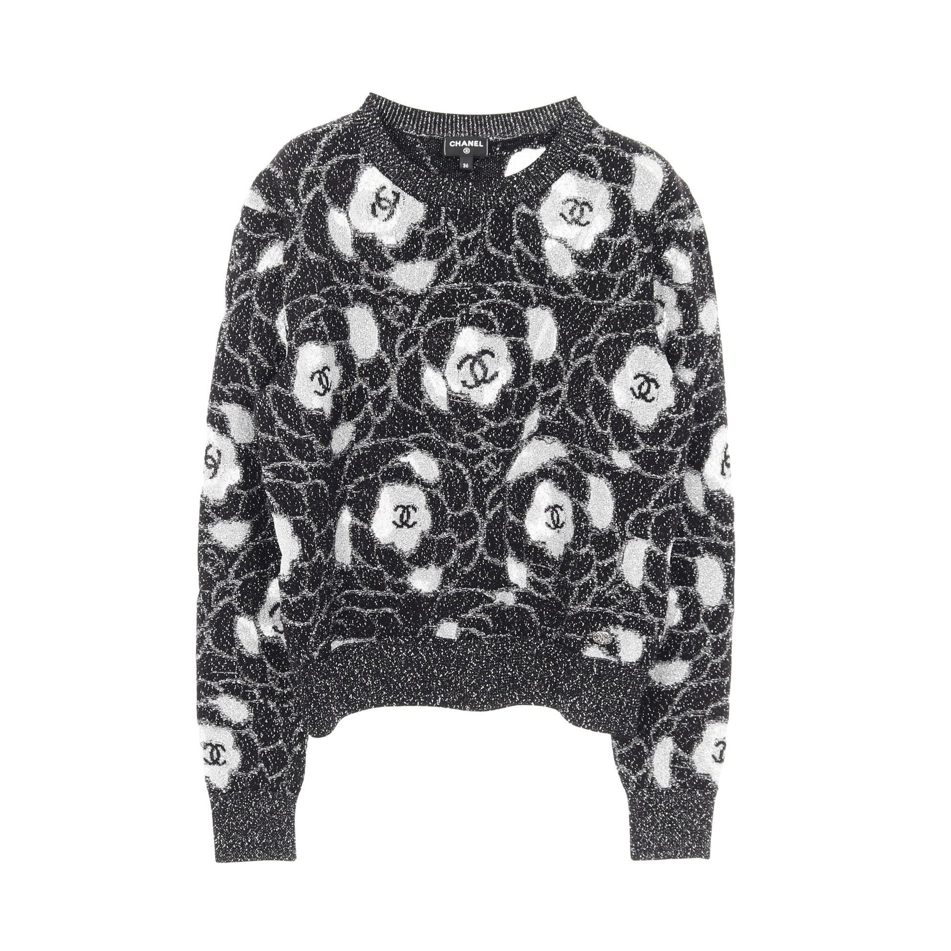 カメリア ココマーク ニット クルーネック ビスコース ブラック シルバー シャネル トップス CHANEL