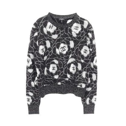 カメリア ココマーク ニット クルーネック ビスコース ブラック シルバー シャネル トップス CHANEL