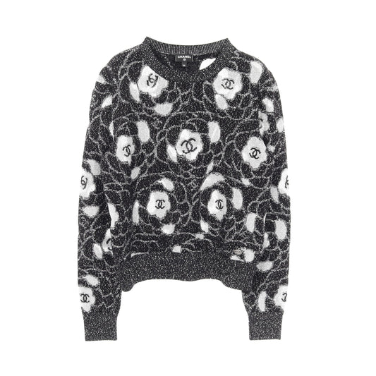 カメリア ココマーク ニット クルーネック ビスコース ブラック シルバー シャネル トップス CHANEL