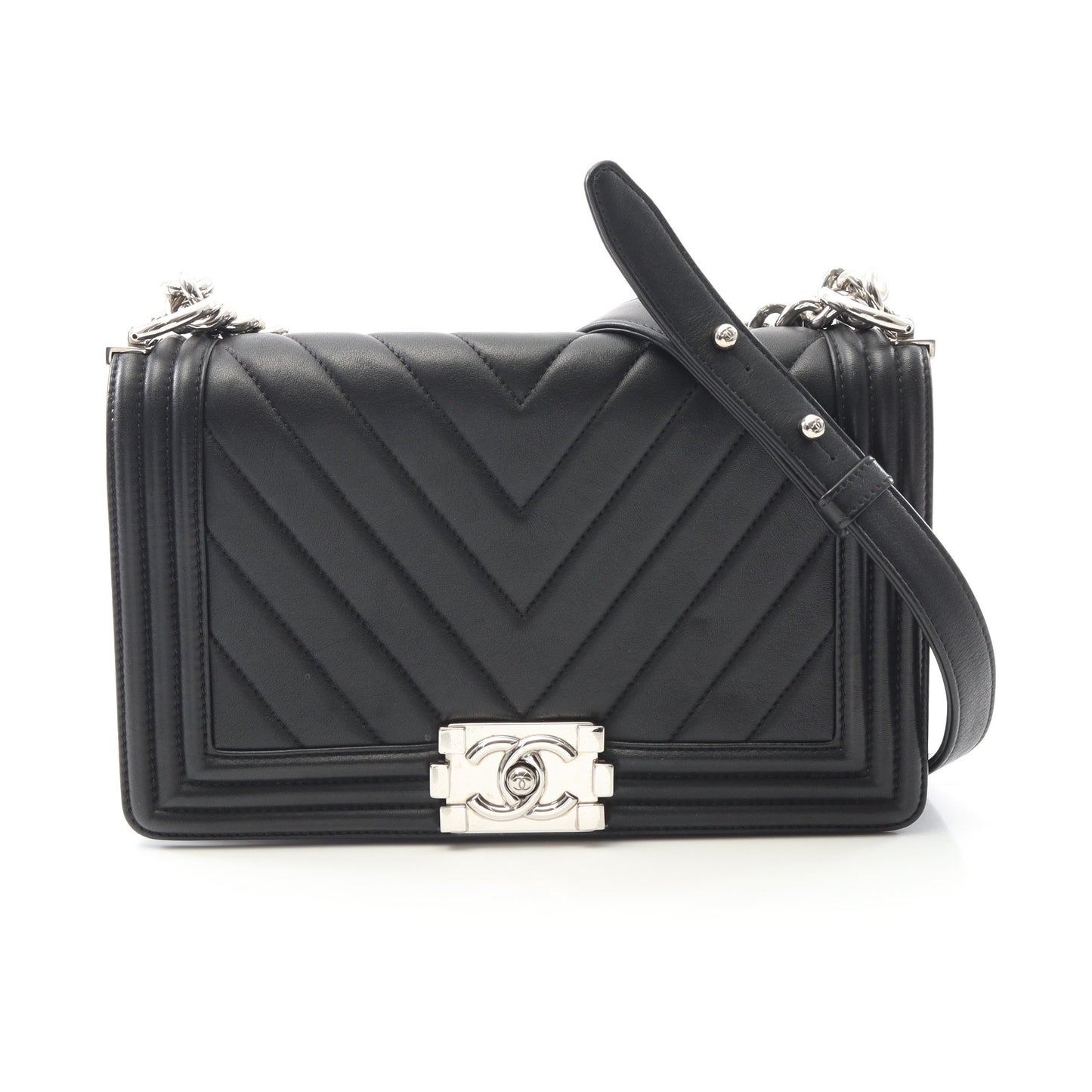 ボーイシャネル シェブロン Vステッチ チェーンショルダーバッグ ラムスキン ブラック シルバー金具 シャネル バッグ CHANEL