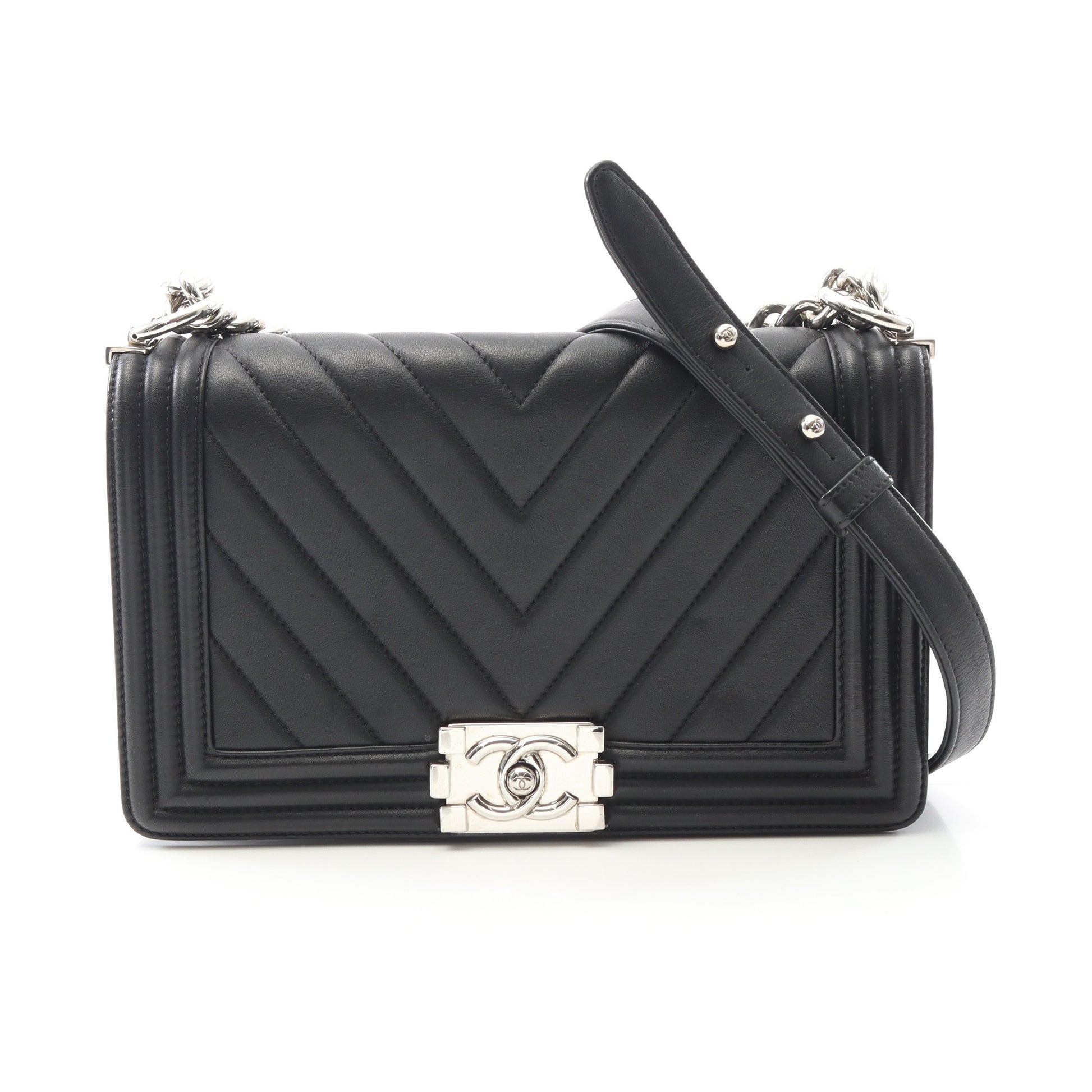 ボーイシャネル シェブロン Vステッチ チェーンショルダーバッグ ラムスキン ブラック シルバー金具 シャネル バッグ CHANEL