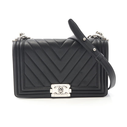 ボーイシャネル シェブロン Vステッチ チェーンショルダーバッグ ラムスキン ブラック シルバー金具 シャネル バッグ CHANEL