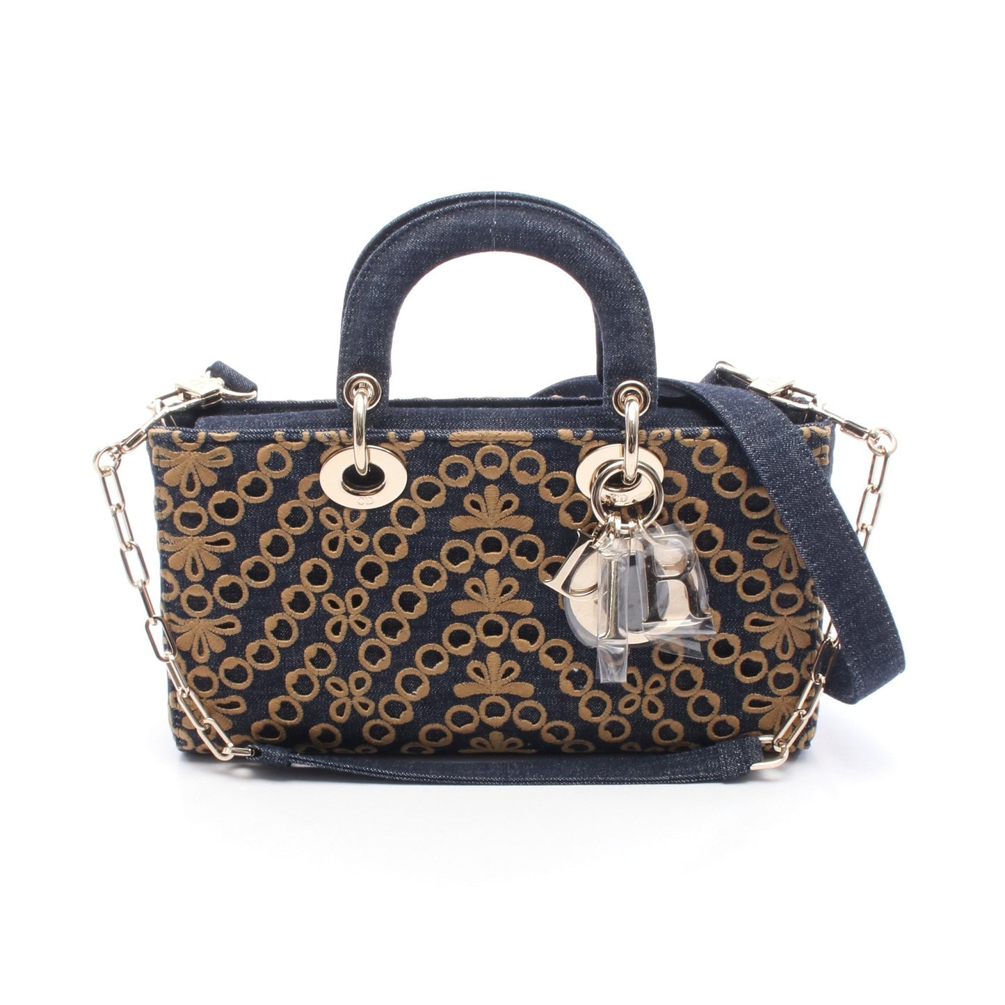 Lady D-Joy ミディアム ハンドバッグ デニム インディゴブルー イエローブラウン 2WAY クリスチャンディオール バッグ Christian Dior