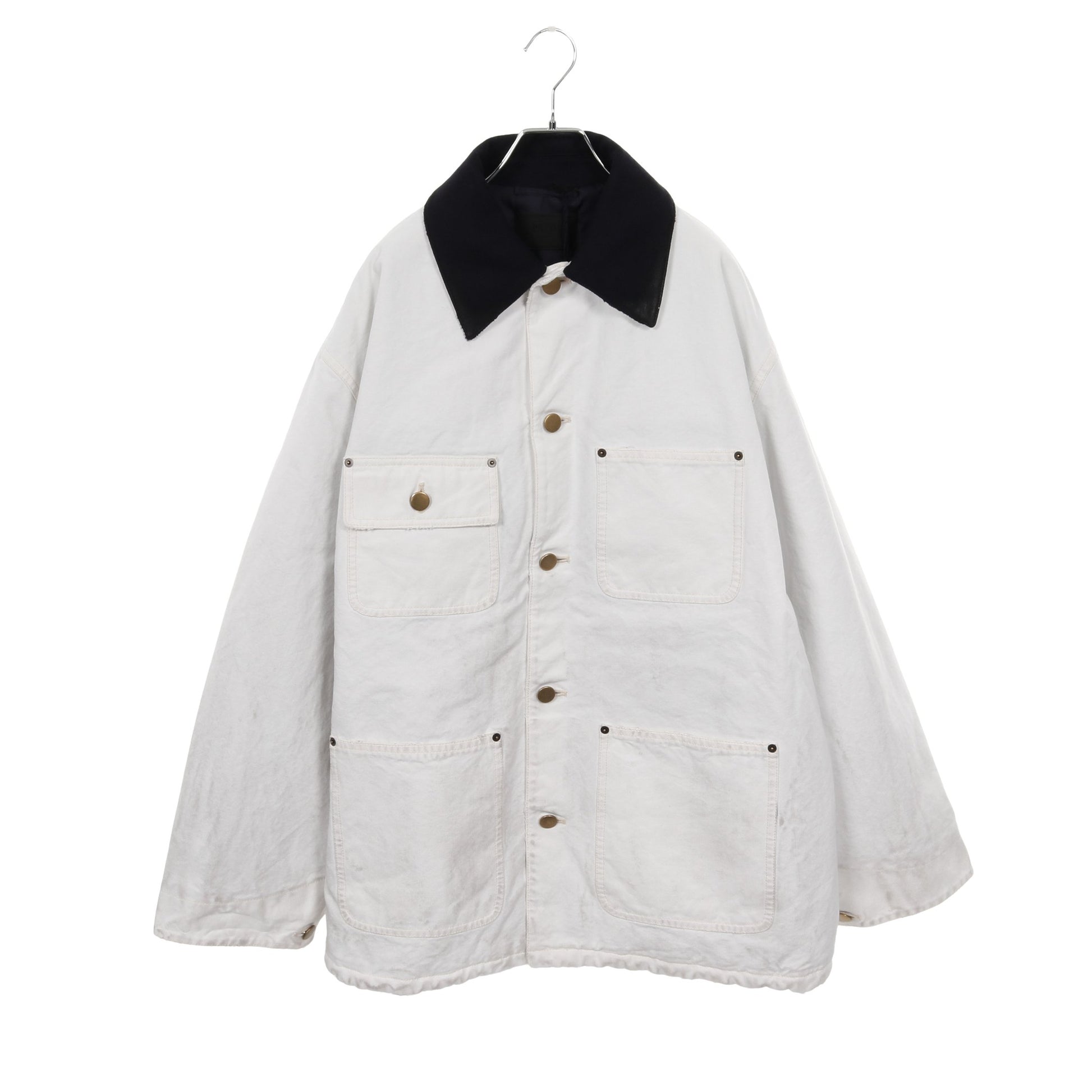 トライアングルロゴ オーバーサイズ ヴィンテージ加工 中綿 ワークジャケット コットン ホワイト 24AW プラダ アウター PRADA