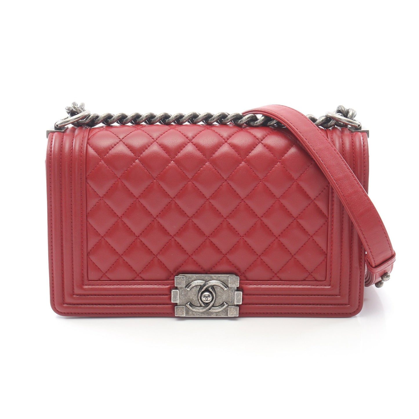 ボーイシャネル チェーンショルダーバッグ ラムスキン レッド アンティークシルバー金具 シャネル バッグ CHANEL