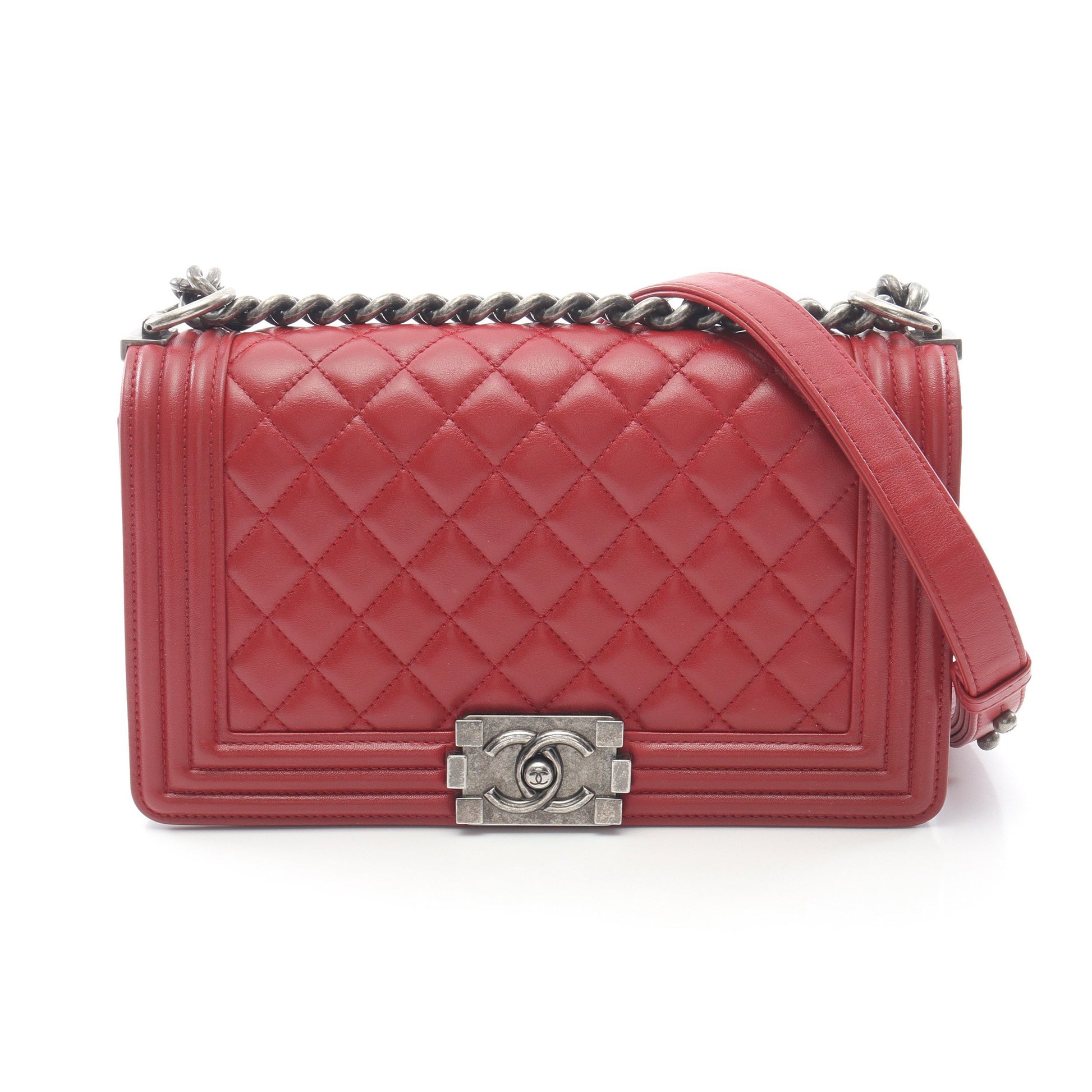 ボーイシャネル チェーンショルダーバッグ ラムスキン レッド アンティークシルバー金具 シャネル バッグ CHANEL