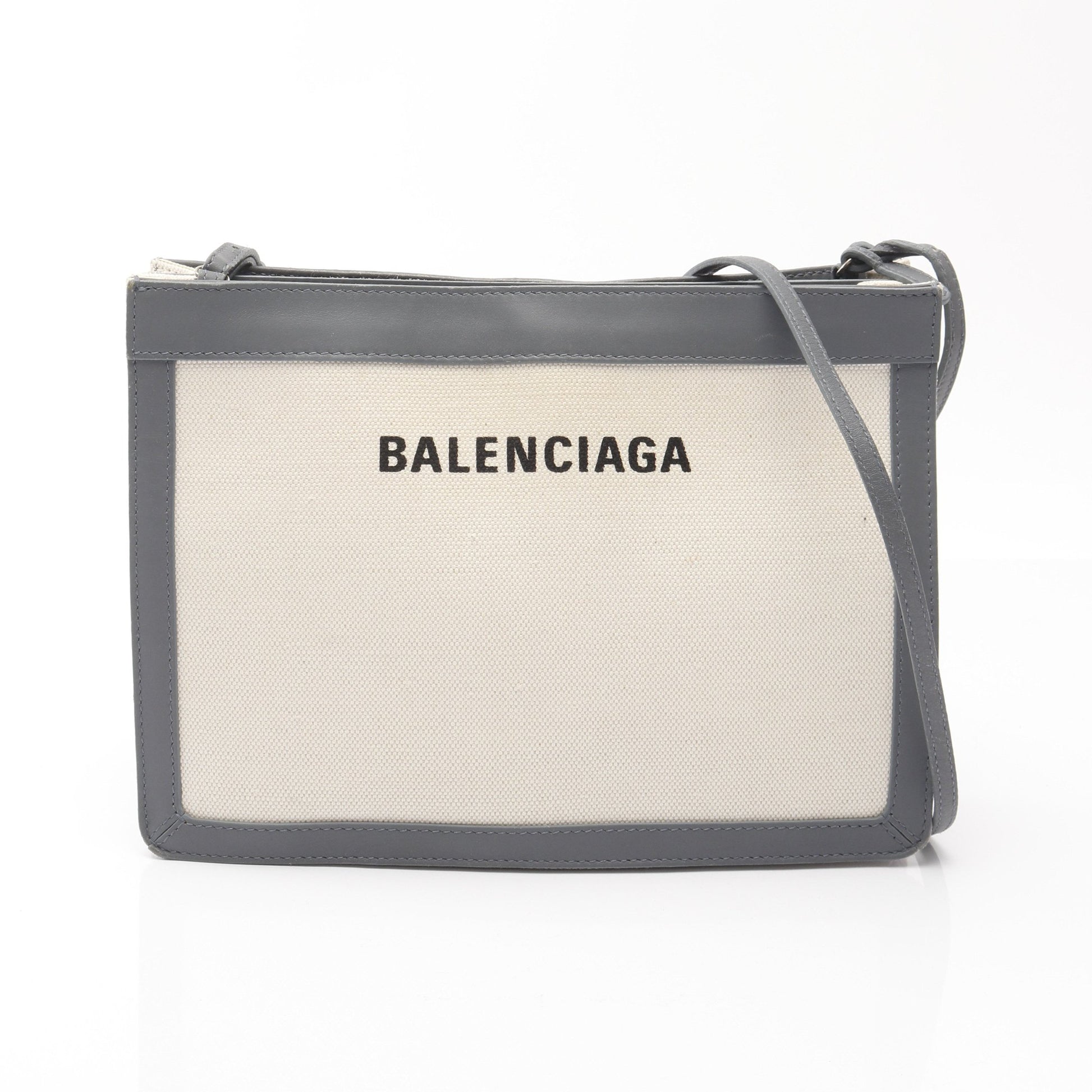 ネイビー ポシェット ショルダーバッグ キャンバス レザー アイボリー グレー バレンシアガ バッグ BALENCIAGA