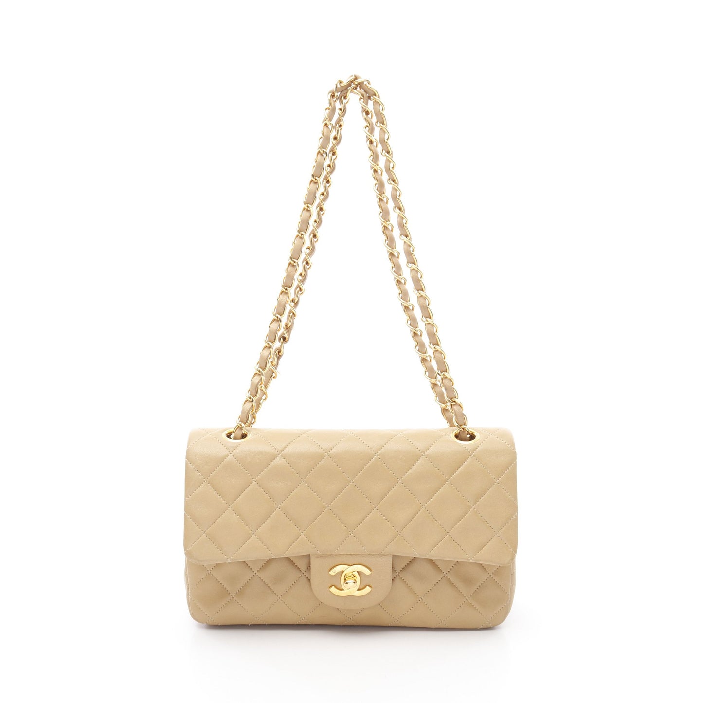 マトラッセ Wフラップ Wチェーンショルダーバッグ ラムスキン ベージュ ゴールド金具 シャネル バッグ CHANEL