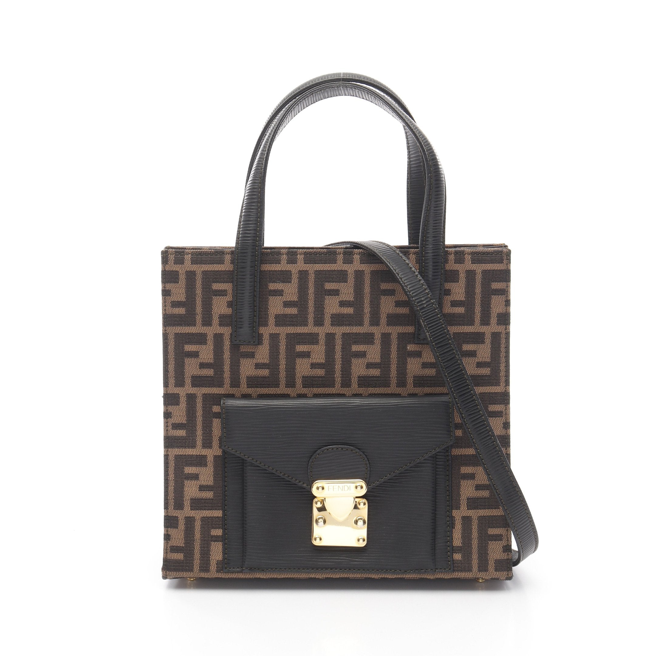 行董】FENDI フェンディ ズッカ ハンドバッグ レザー×キャンバス 