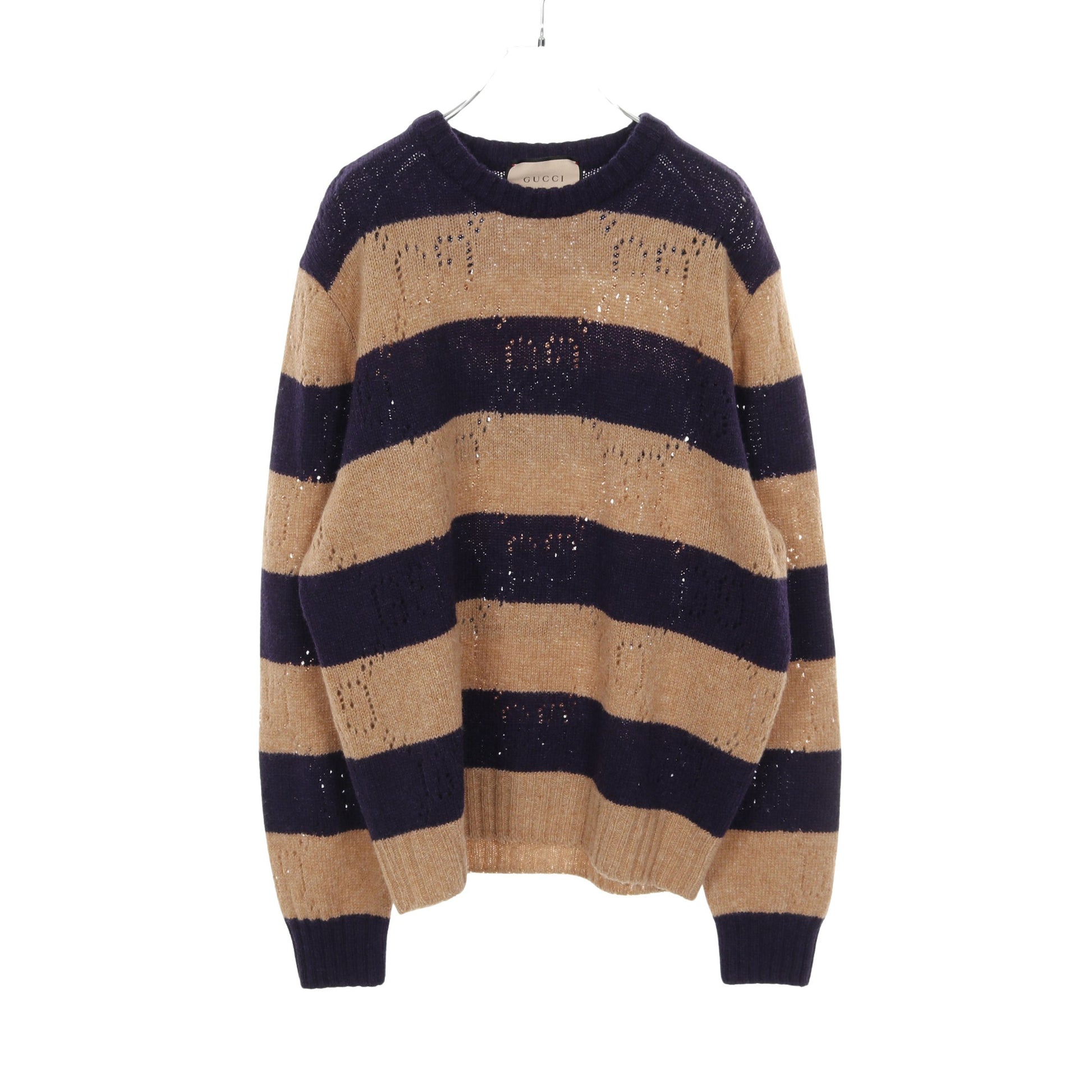 GG柄 ニット クルーネック ボーダー ウール ライトブラウン ネイビー グッチ トップス GUCCI