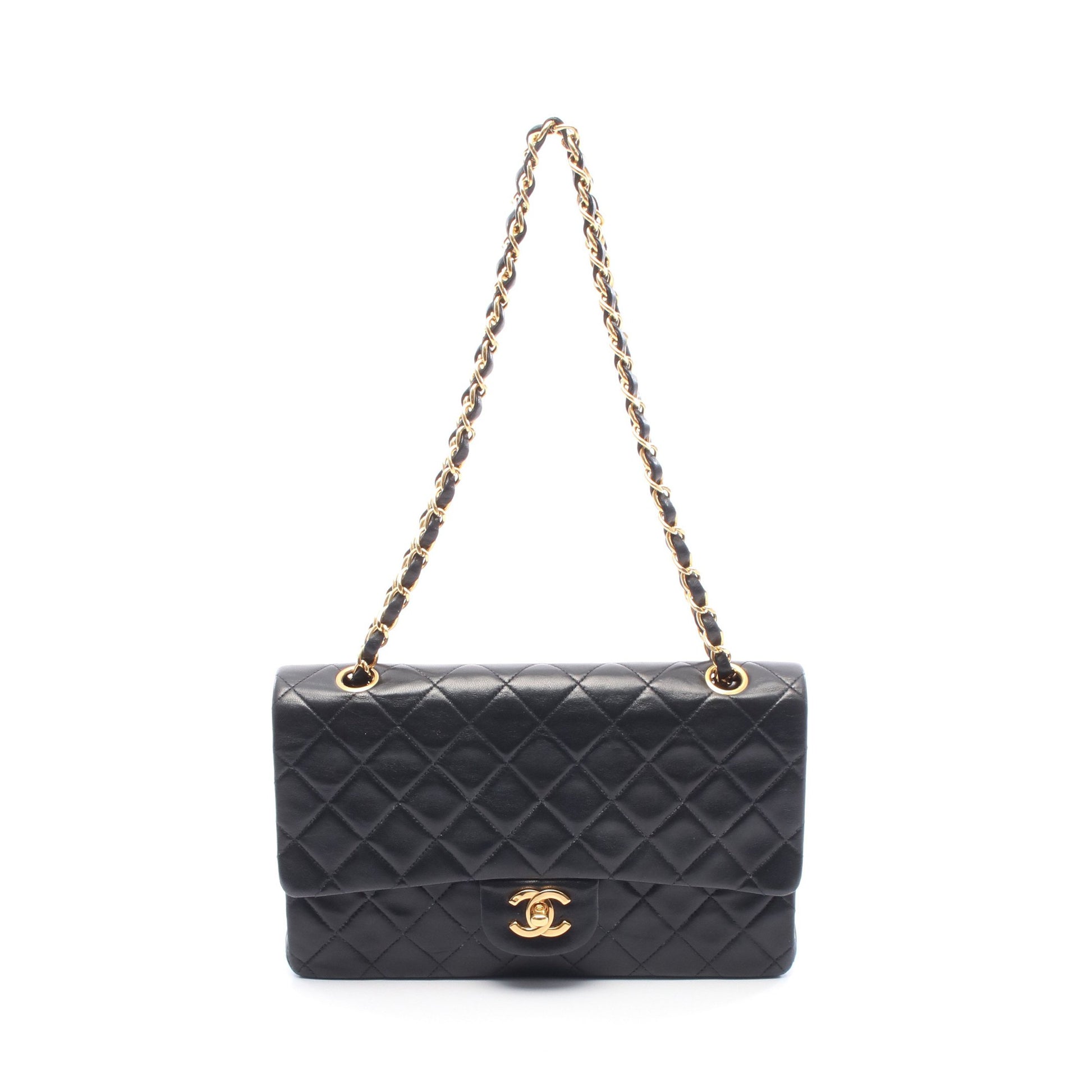 マトラッセ Wフラップ Wチェーンショルダーバッグ ラムスキン ブラック ゴールド金具 シャネル バッグ CHANEL