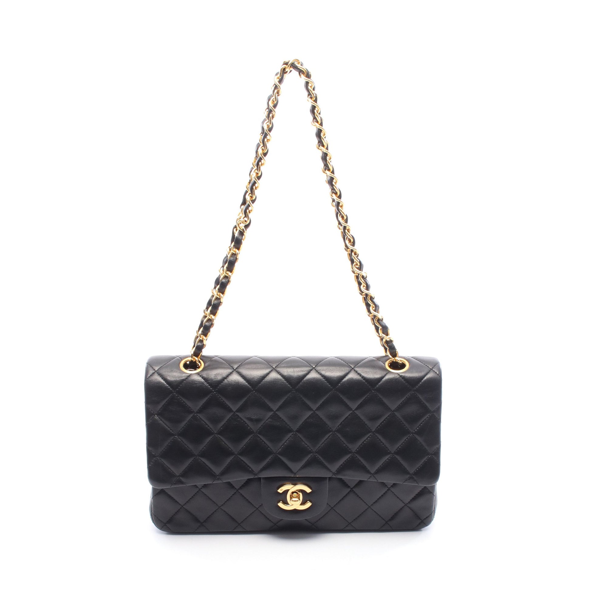 マトラッセ Wフラップ Wチェーンショルダーバッグ ラムスキン ブラック ゴールド金具 シャネル バッグ CHANEL