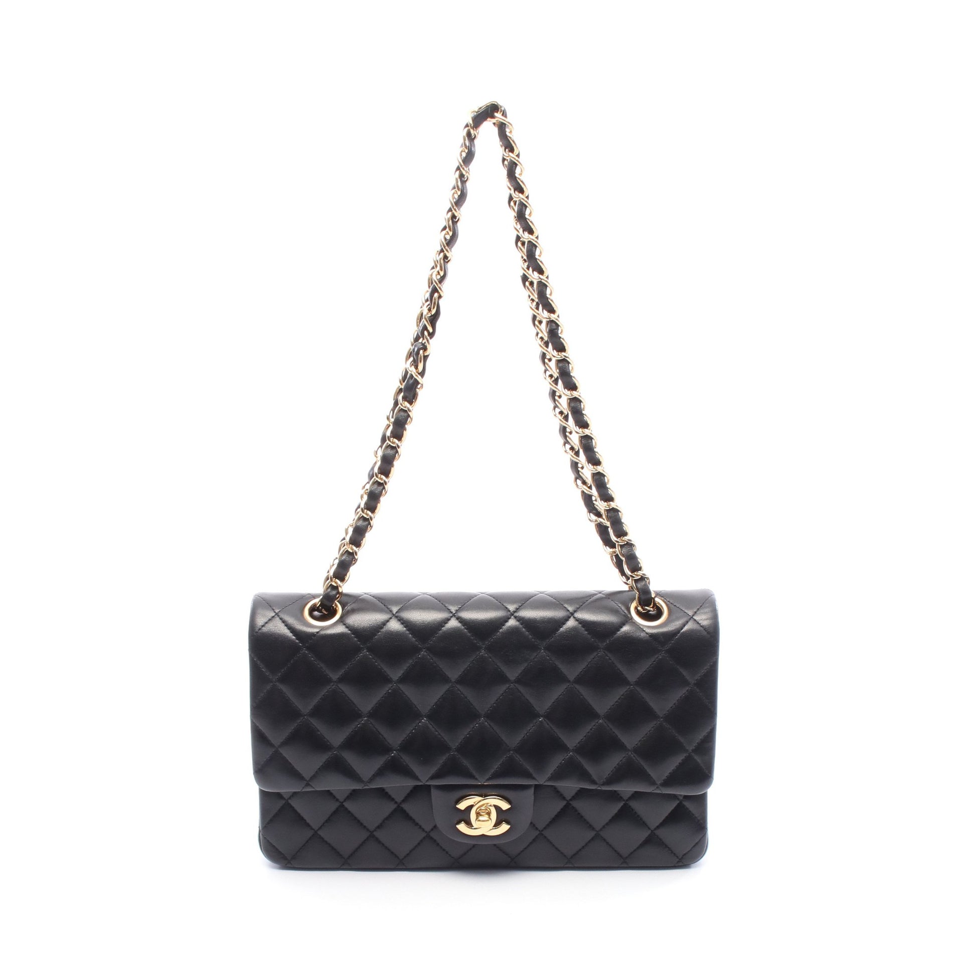 マトラッセ Wフラップ Wチェーンショルダーバッグ ラムスキン ブラック ゴールド金具 シャネル バッグ CHANEL