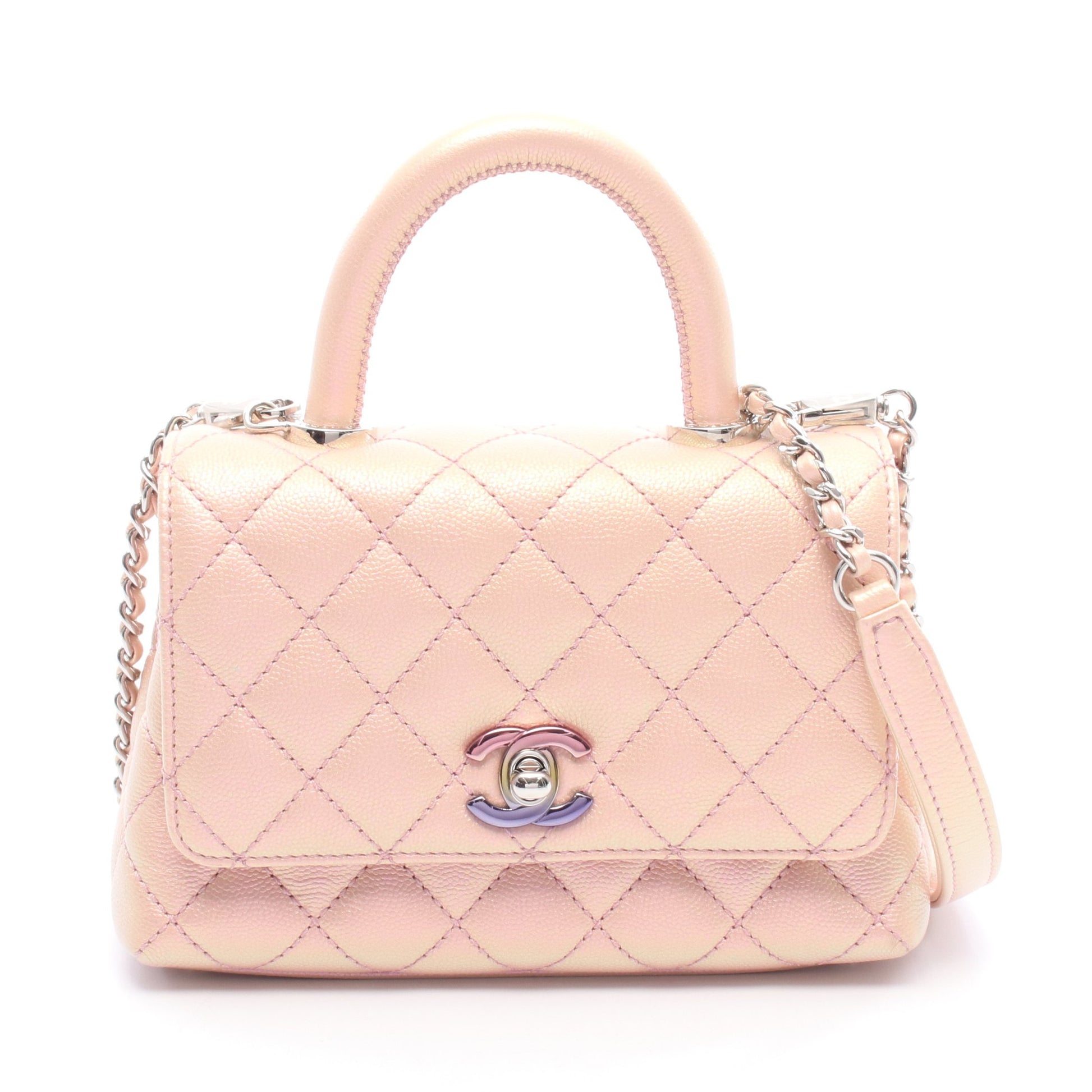 ココハンドルXXS トップハンドル ハンドバッグ キャビアスキン ピンク シルバー金具 オーロラ 2WAY シャネル バッグ CHANEL