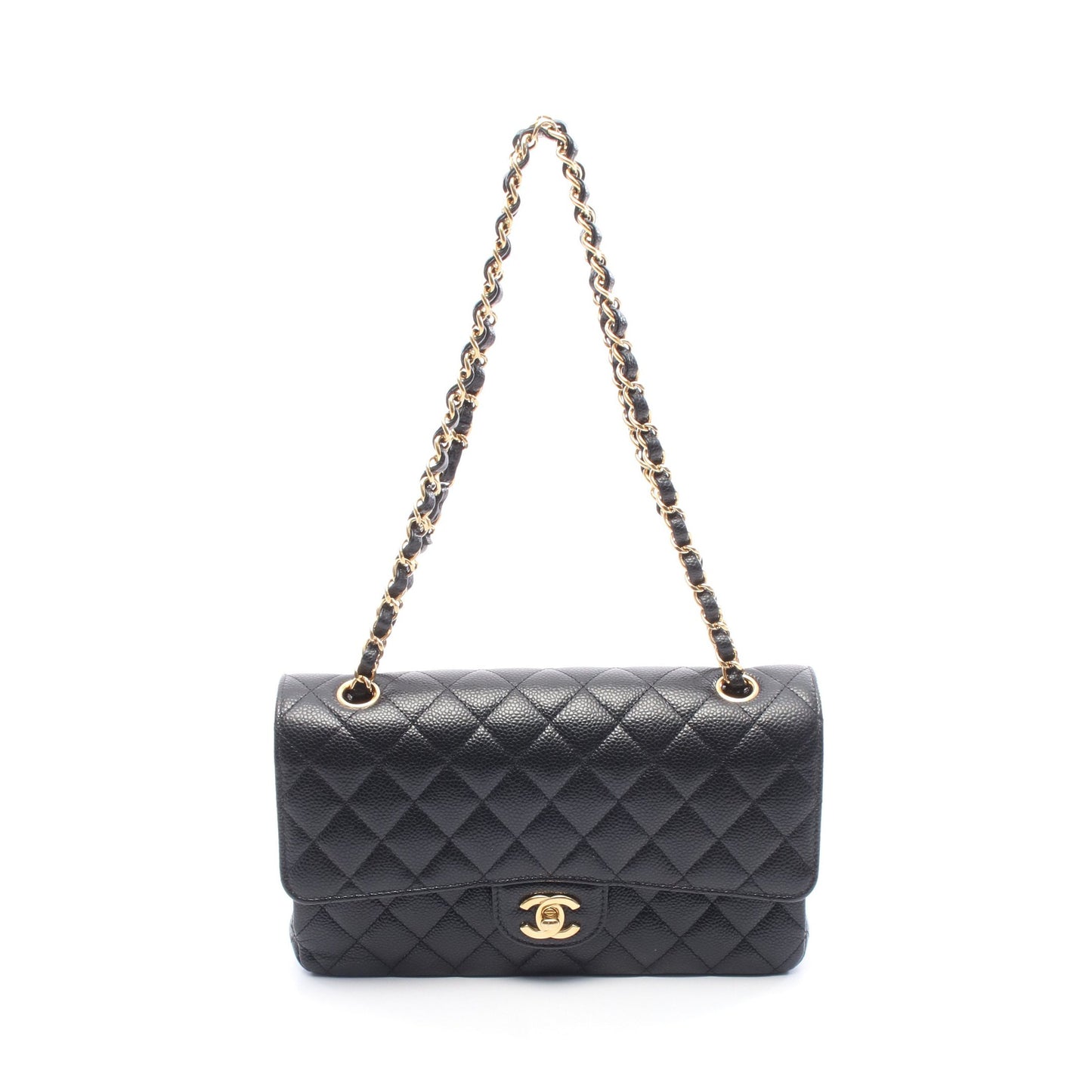 マトラッセ Wフラップ Wチェーンショルダーバッグ キャビアスキン ブラック ゴールド金具 シャネル バッグ CHANEL