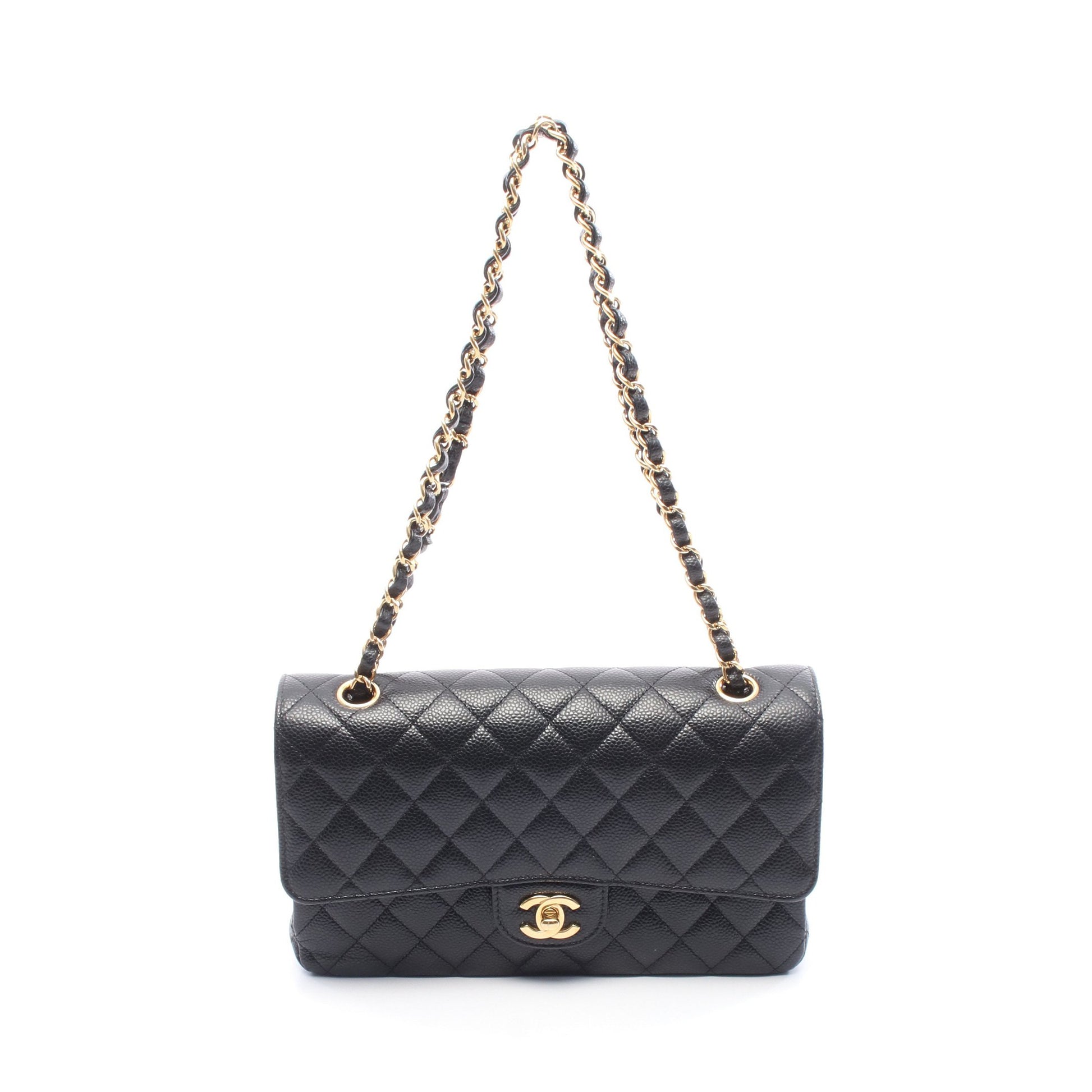 マトラッセ Wフラップ Wチェーンショルダーバッグ キャビアスキン ブラック ゴールド金具 シャネル バッグ CHANEL