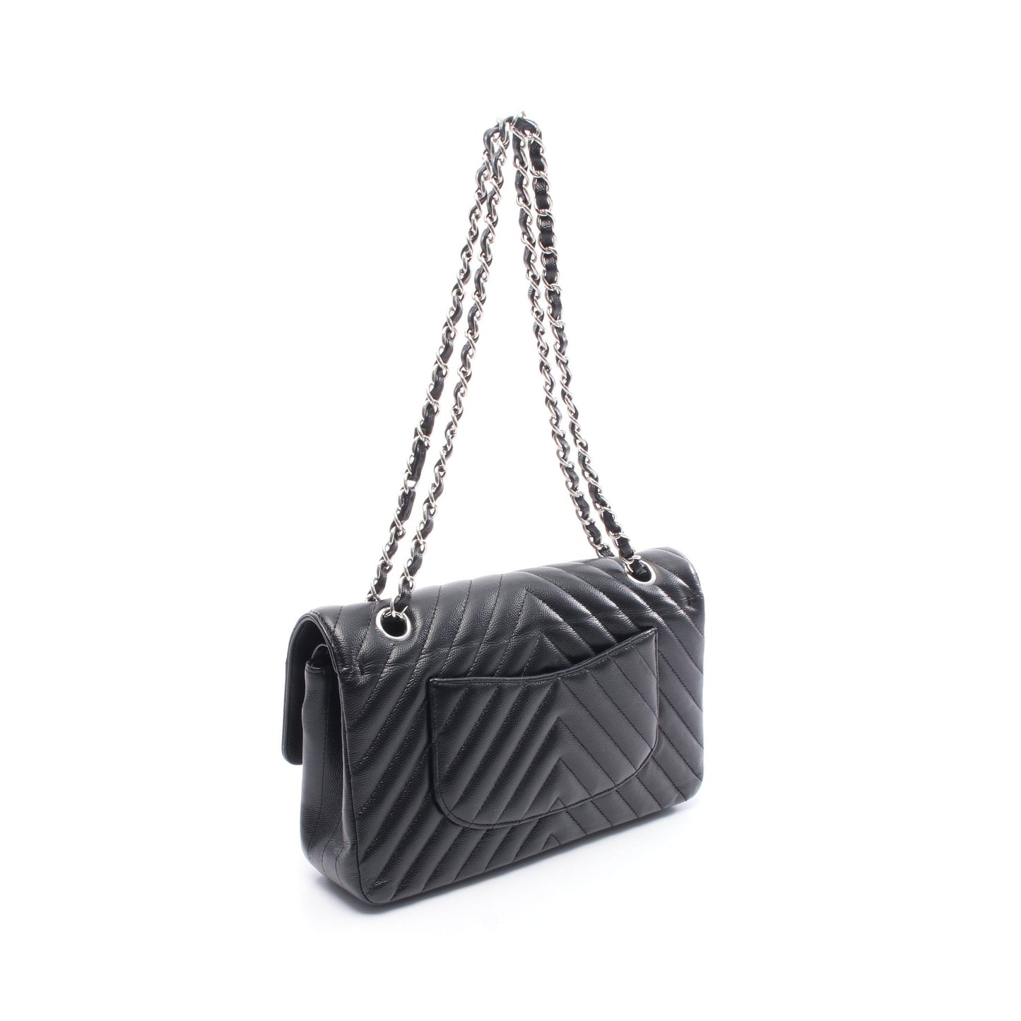 シェブロン Vステッチ Wフラップ Wチェーンショルダーバッグ キャビアスキン ブラック シルバー金具 シャネル バッグ CHANEL