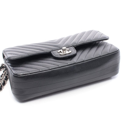 シェブロン Vステッチ Wフラップ Wチェーンショルダーバッグ キャビアスキン ブラック シルバー金具 シャネル バッグ CHANEL