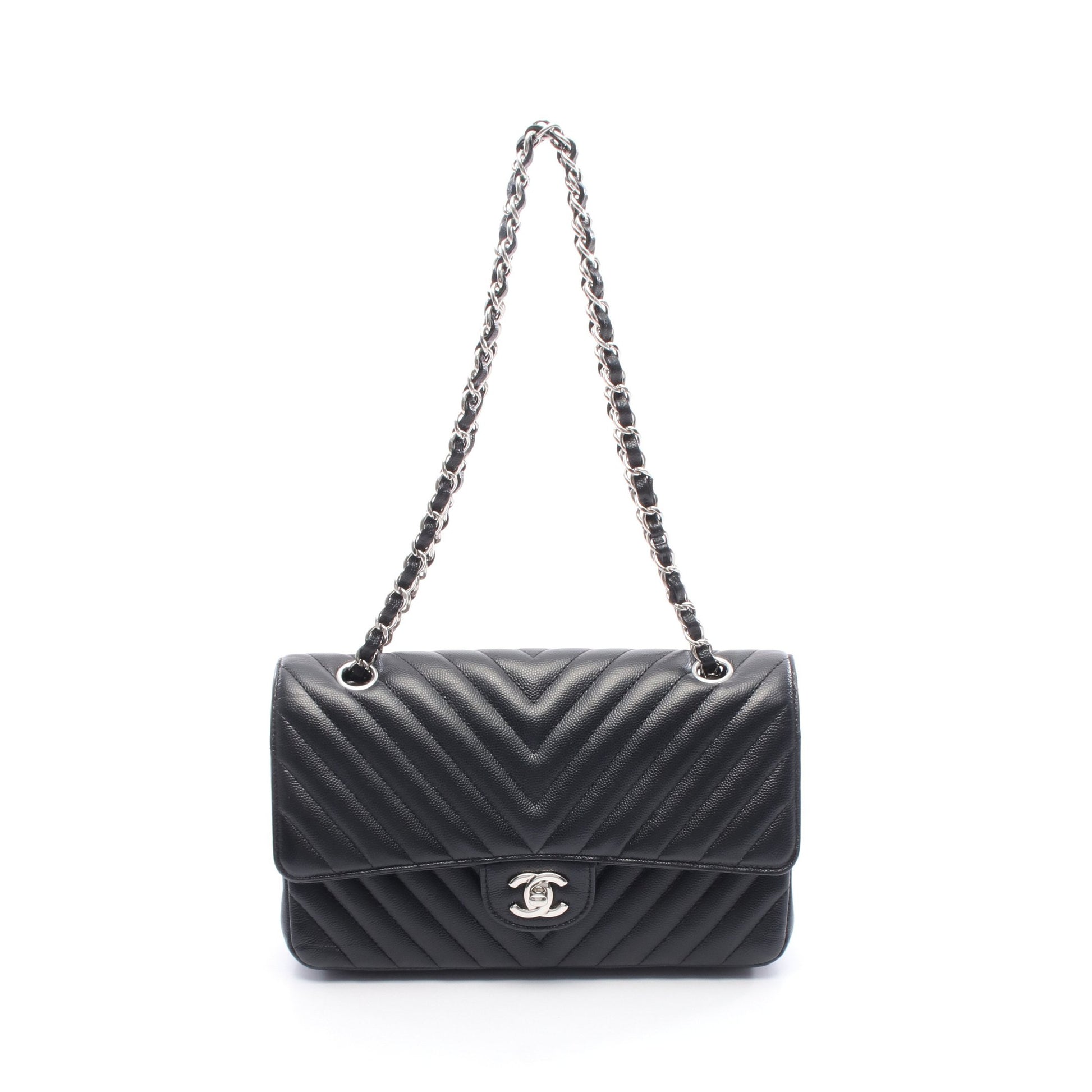 シェブロン Vステッチ Wフラップ Wチェーンショルダーバッグ キャビアスキン ブラック シルバー金具 シャネル バッグ CHANEL