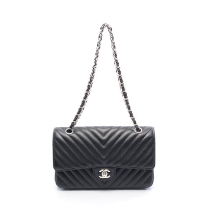 シェブロン Vステッチ Wフラップ Wチェーンショルダーバッグ キャビアスキン ブラック シルバー金具 シャネル バッグ CHANEL