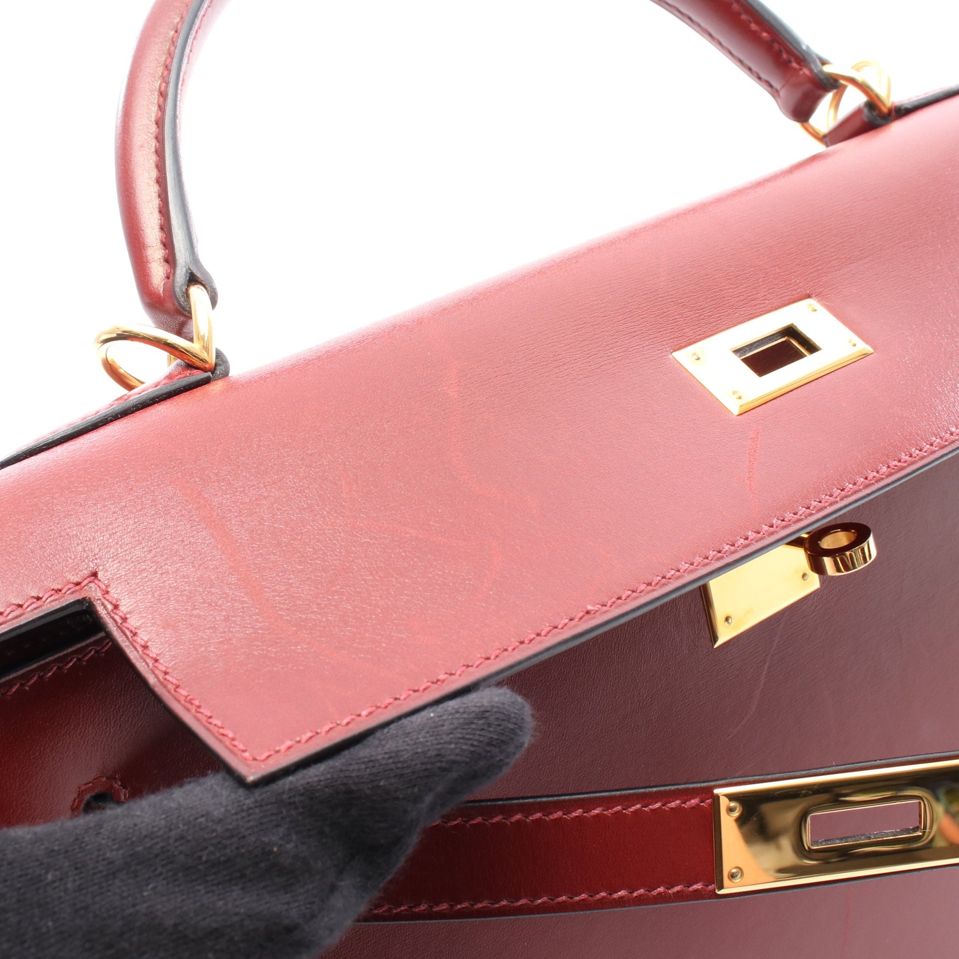 ケリー32 ルージュアッシュ ハンドバッグ ボックスカーフ ボルドー ゴールド金具 2WAY □D刻印 エルメス バッグ HERMES