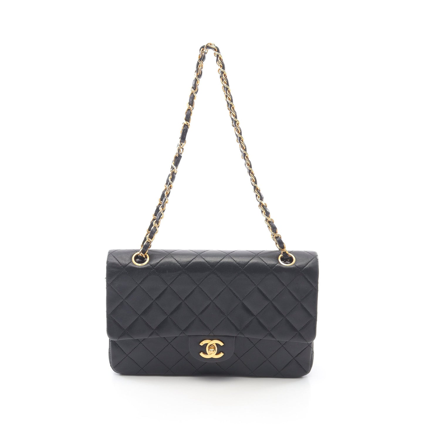 マトラッセ Wフラップ Wチェーンショルダーバッグ ラムスキン ブラック ゴールド金具 ヴィンテージ シャネル バッグ CHANEL