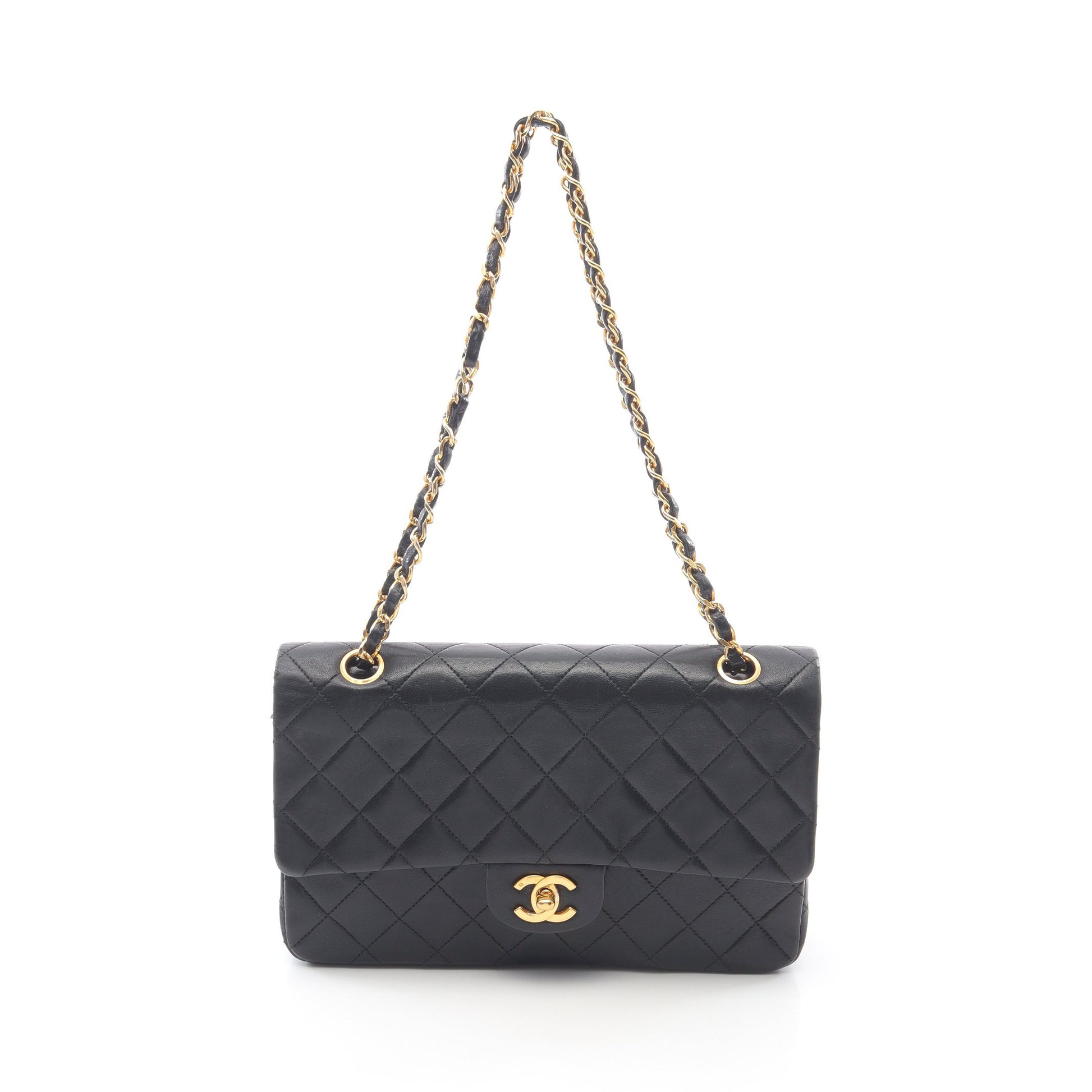 マトラッセ Wフラップ Wチェーンショルダーバッグ ラムスキン ブラック ゴールド金具 ヴィンテージ シャネル バッグ CHANEL