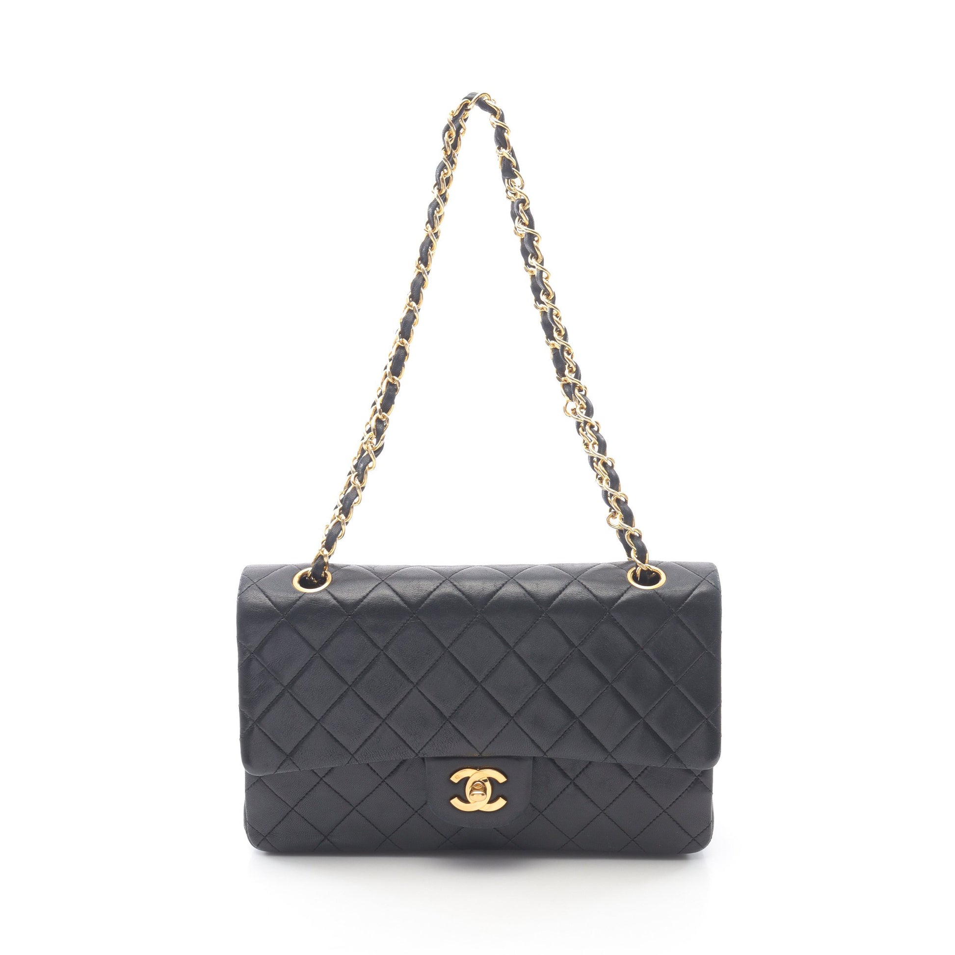 マトラッセ Wフラップ Wチェーンショルダーバッグ ラムスキン ブラック ゴールド金具 ヴィンテージ シャネル バッグ CHANEL