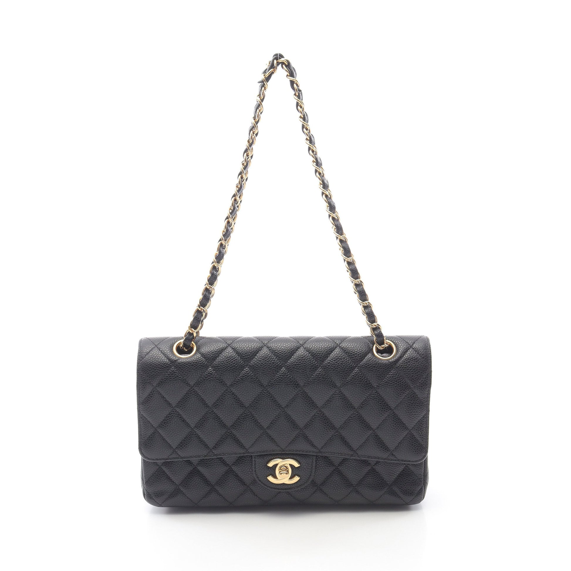 マトラッセ Wフラップ Wチェーンショルダーバッグ キャビアスキン ブラック ゴールド金具 シャネル バッグ CHANEL