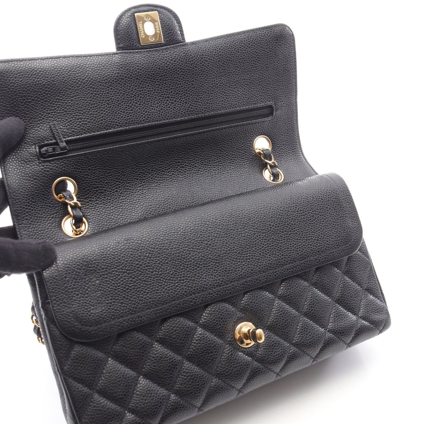 マトラッセ Wフラップ Wチェーンショルダーバッグ キャビアスキン ブラック ゴールド金具 シャネル バッグ CHANEL