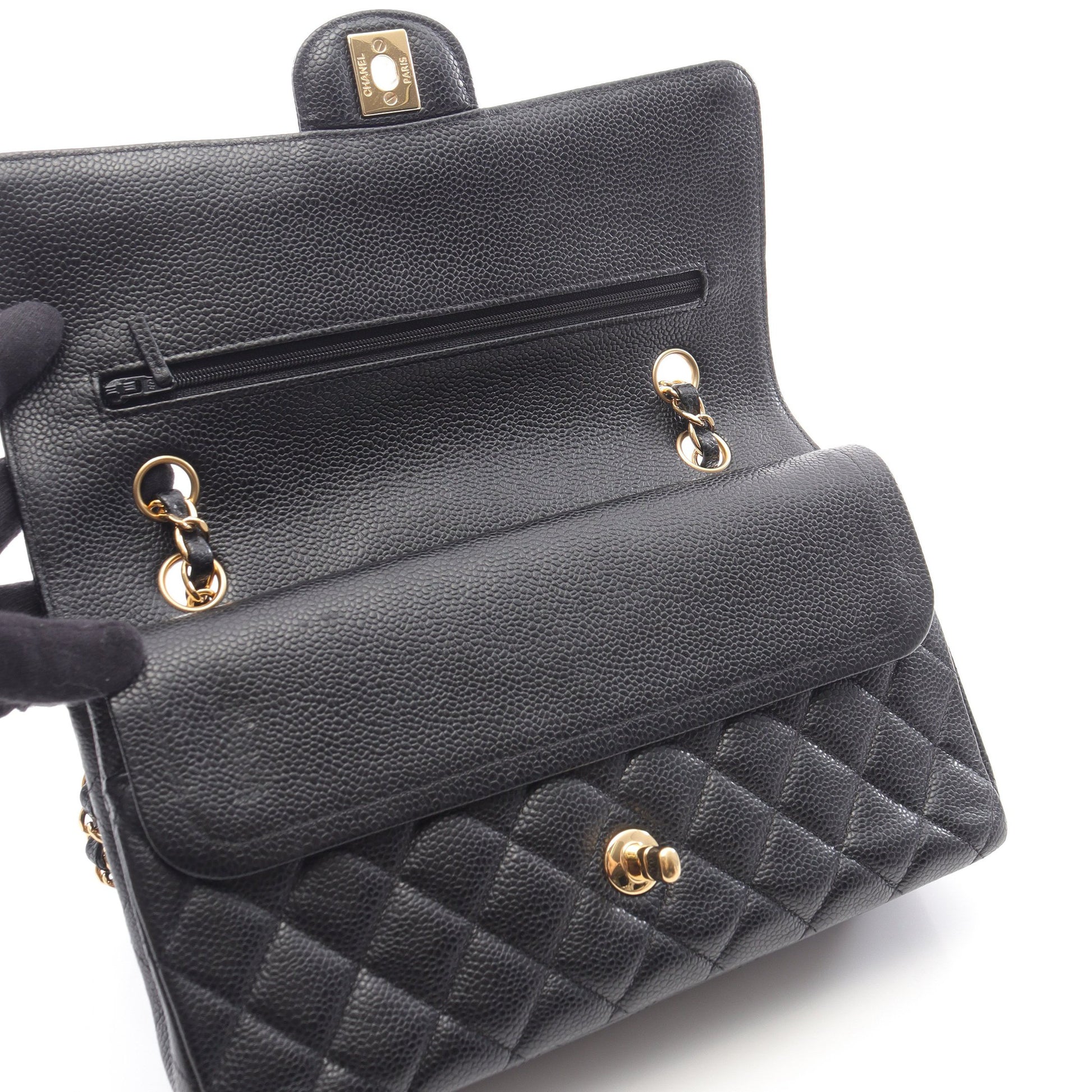 マトラッセ Wフラップ Wチェーンショルダーバッグ キャビアスキン ブラック ゴールド金具 シャネル バッグ CHANEL