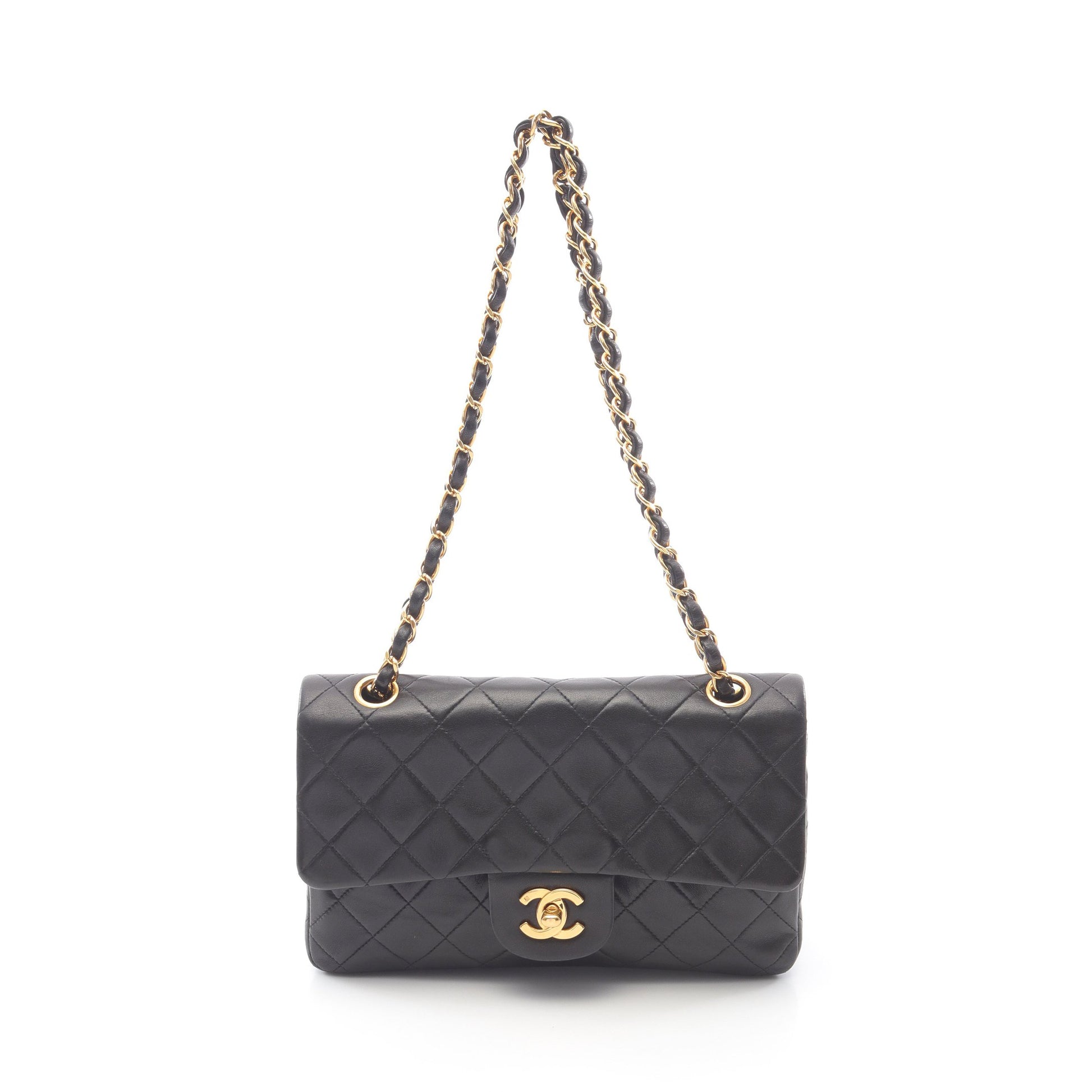 マトラッセ Wフラップ Wチェーンショルダーバッグ ラムスキン ブラック ゴールド金具 ヴィンテージ シャネル バッグ CHANEL