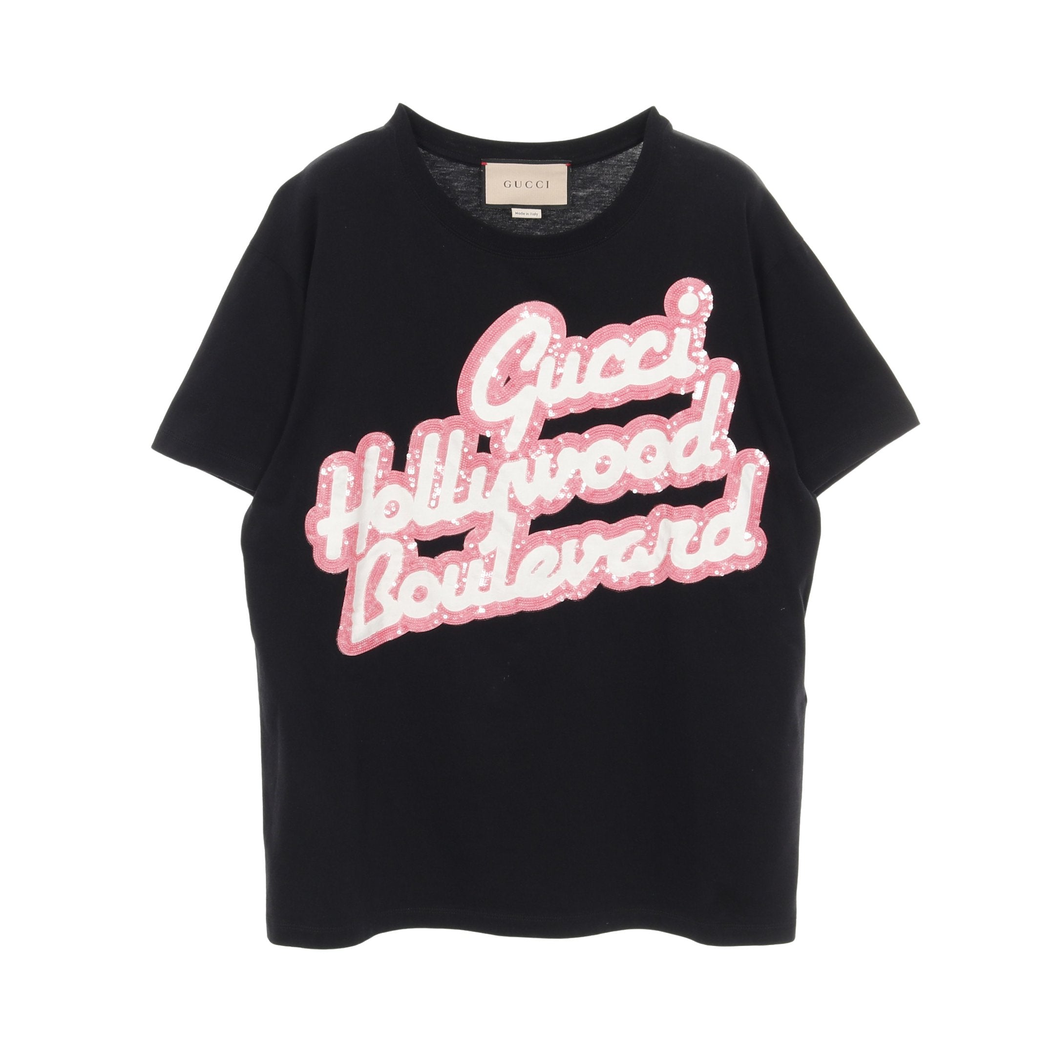 グッチ GUCCI スパンコールロゴ刺繍Tシャツ 461423 ピンク コットン レディース 半袖Ｔシャツ 中古・古着通販】GUCCI (グッチ) Tシャツ ピンク サイズ:XS 未使用品