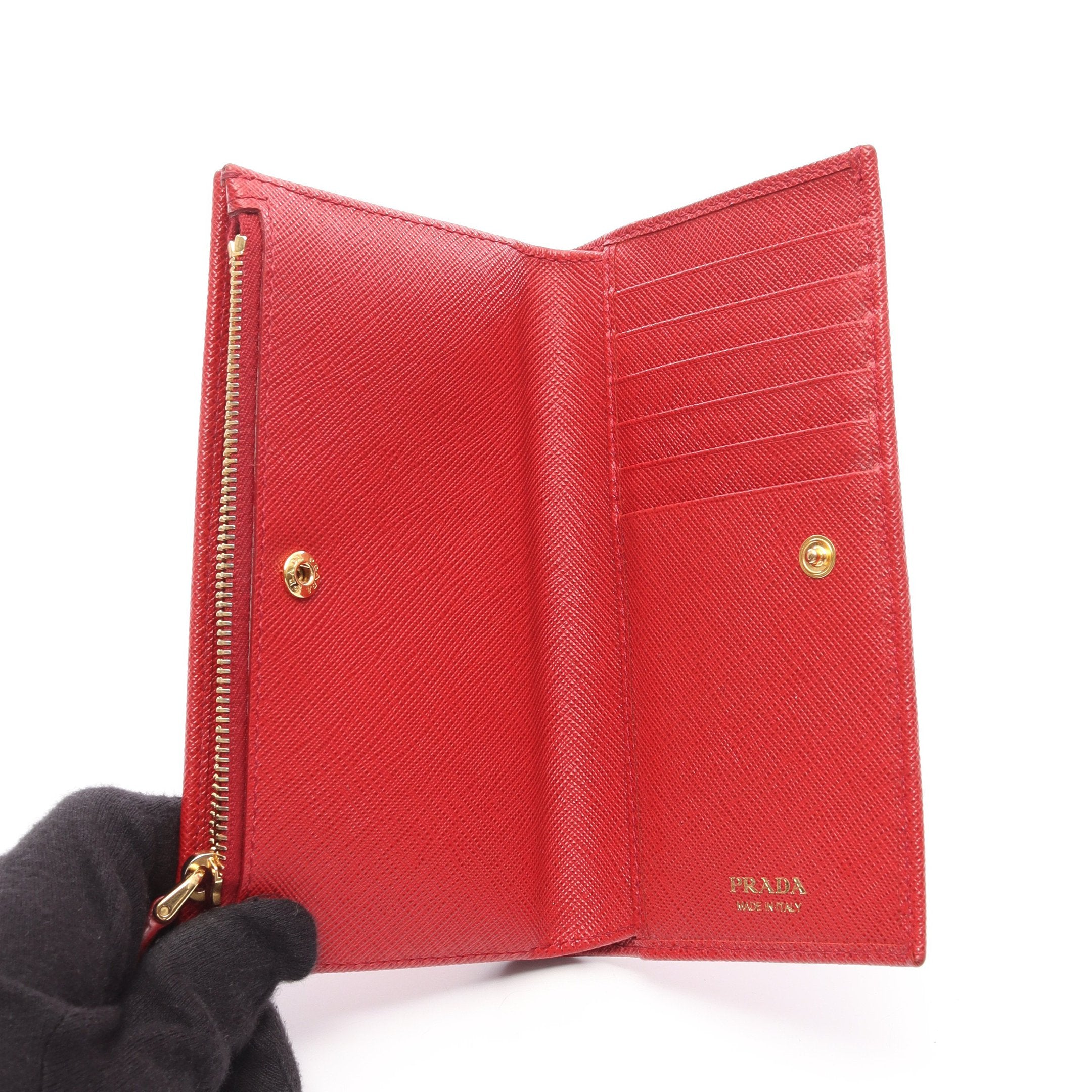 二つ折り財布 Wホック財布 サフィアーノレザー レッド 三角プレート