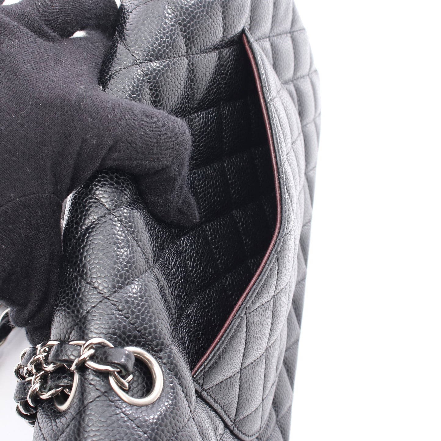 マトラッセ Wフラップ Wチェーンショルダーバッグ キャビアスキン ブラック シルバー金具 シャネル バッグ CHANEL