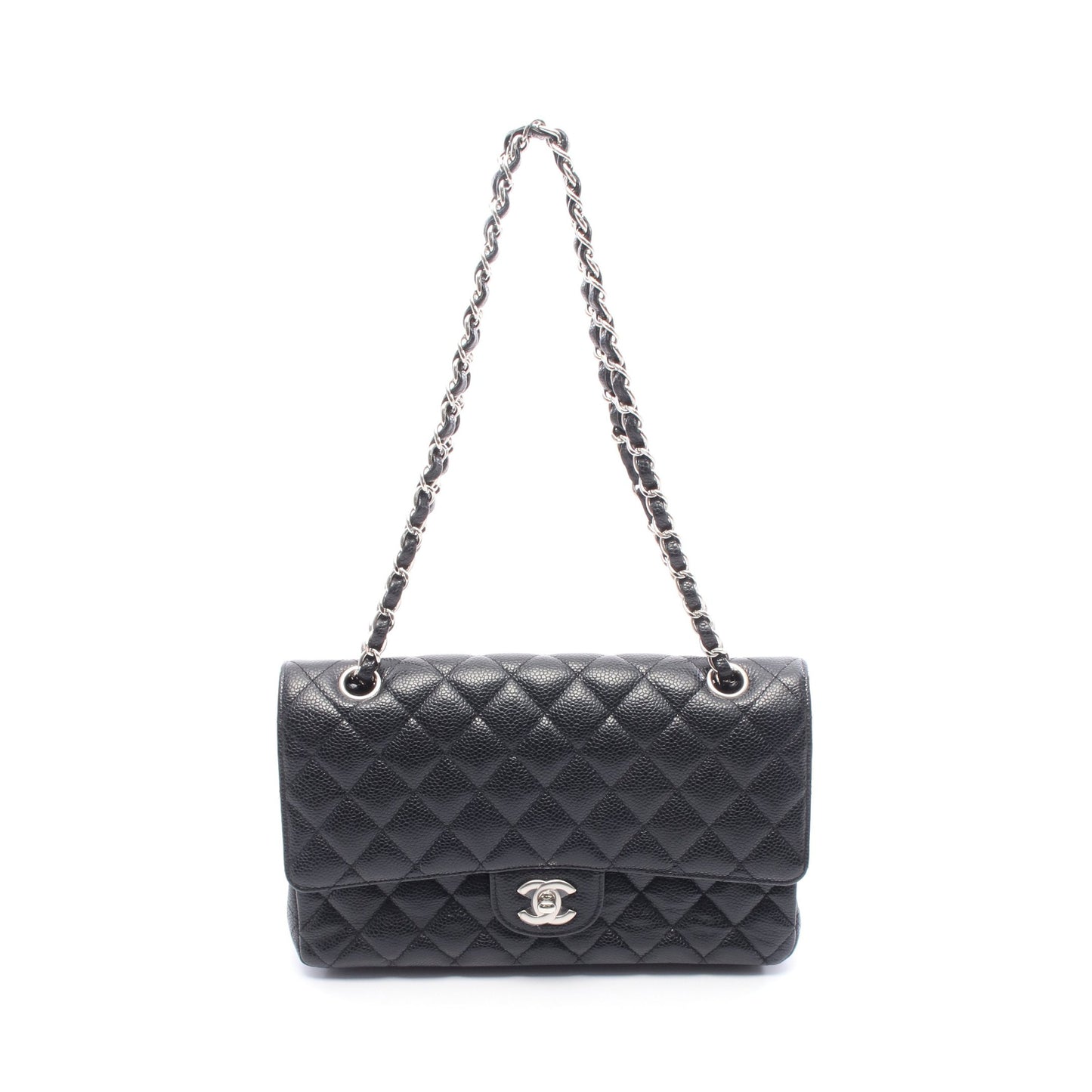 マトラッセ Wフラップ Wチェーンショルダーバッグ キャビアスキン ブラック シルバー金具 シャネル バッグ CHANEL