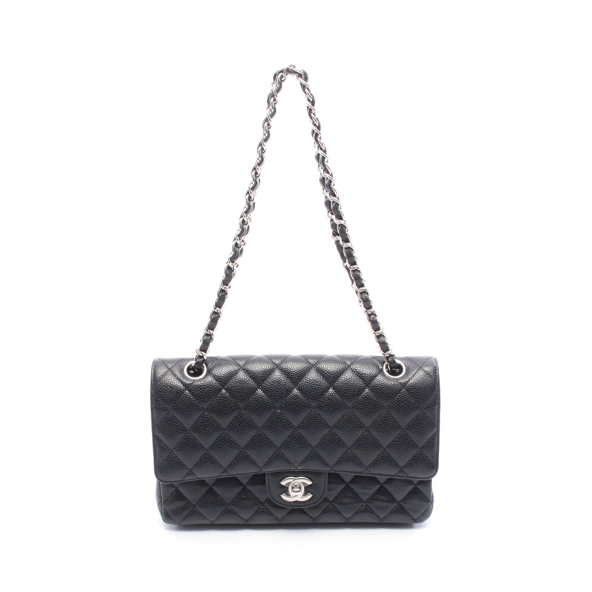 マトラッセ Wフラップ Wチェーンショルダーバッグ キャビアスキン ブラック シルバー金具 シャネル バッグ CHANEL