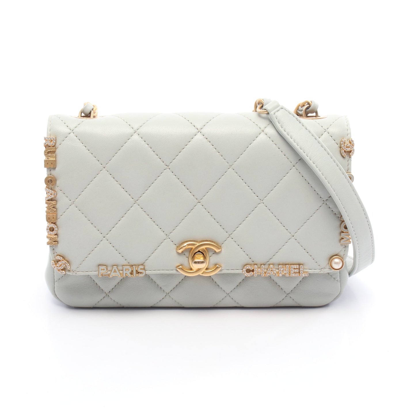 ミニ フラップ バッグ マトラッセ チェーンショルダーバッグ レザー ライトブルー ゴールド金具 シャネル バッグ CHANEL