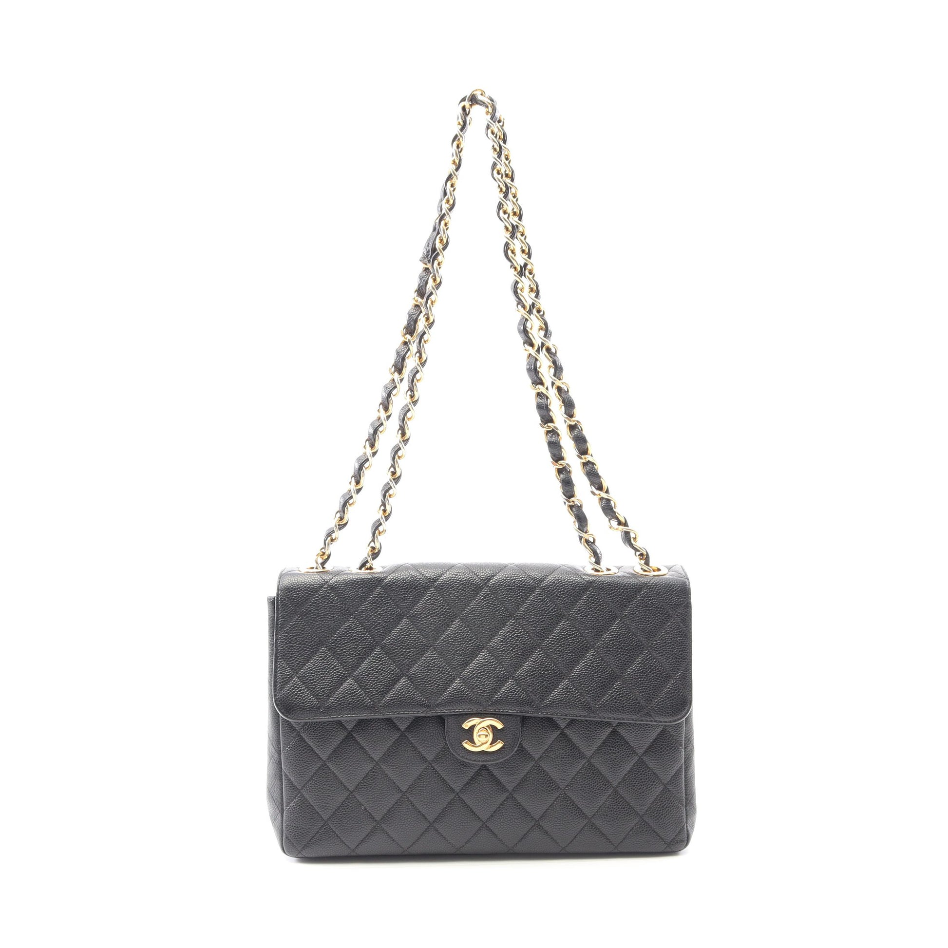 マトラッセ30 シングルフラップ Wチェーンショルダーバッグ キャビアスキン ブラック ゴールド金具 シャネル バッグ CHANEL