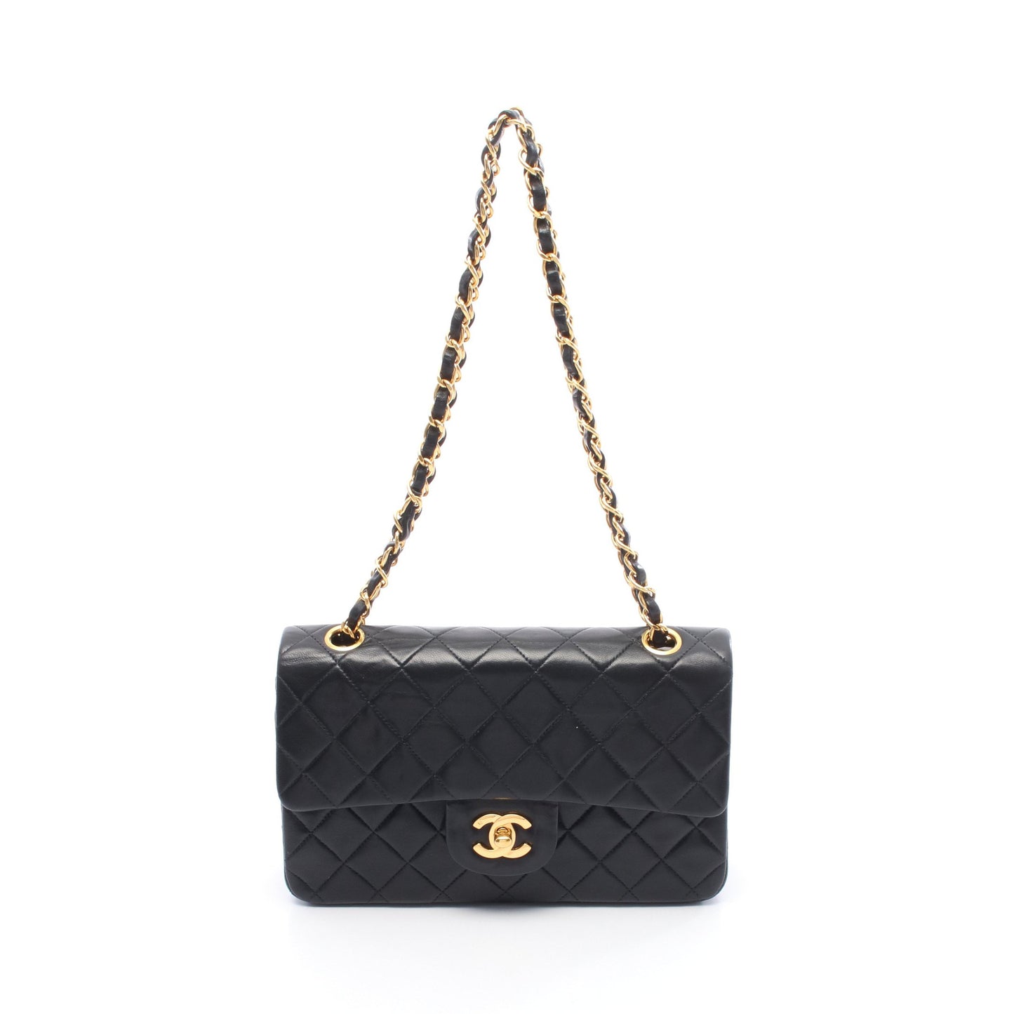 マトラッセ Wフラップ Wチェーンショルダーバッグ ラムスキン ブラック ゴールド金具 ヴィンテージ シャネル バッグ CHANEL