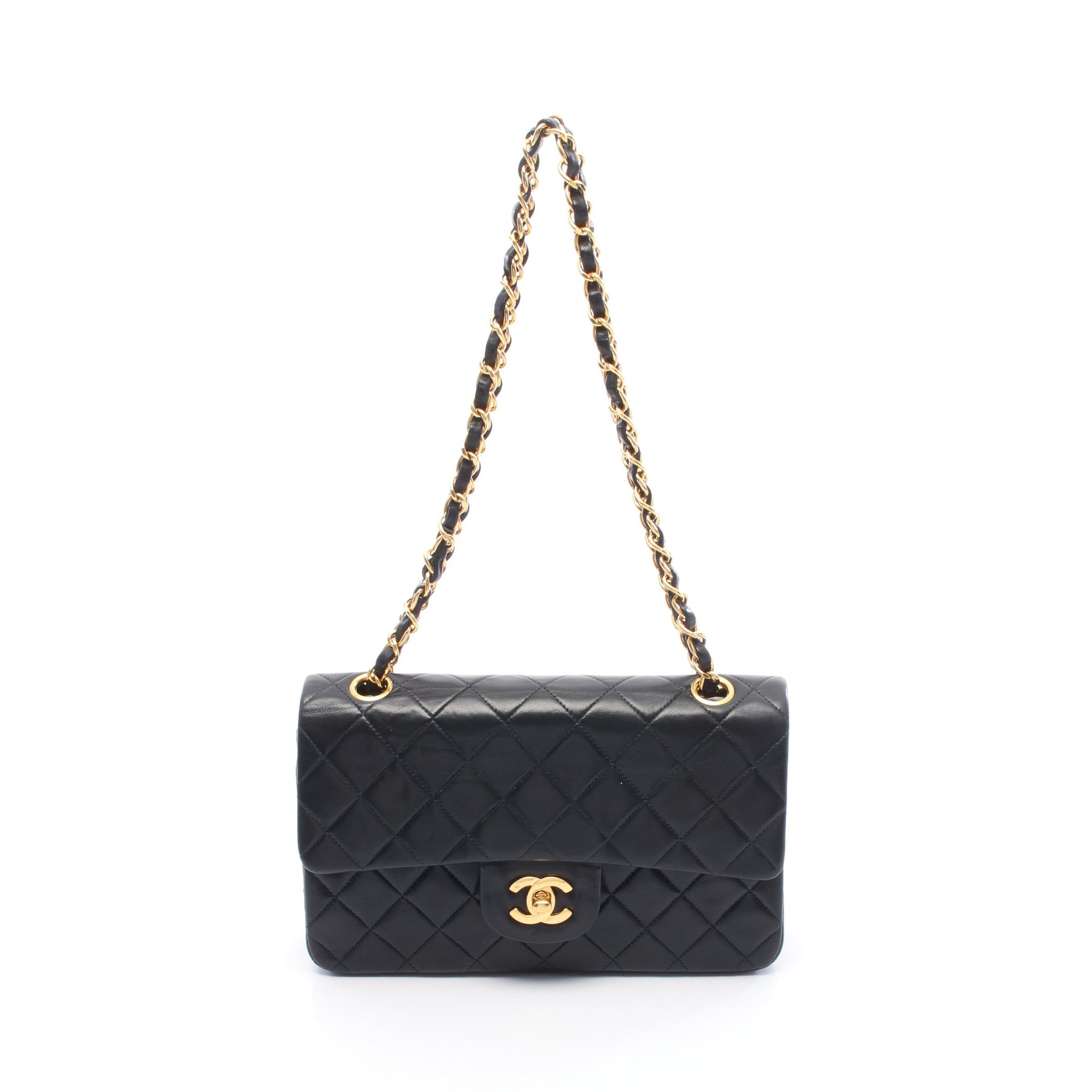 マトラッセ Wフラップ Wチェーンショルダーバッグ ラムスキン ブラック ゴールド金具 ヴィンテージ シャネル バッグ CHANEL
