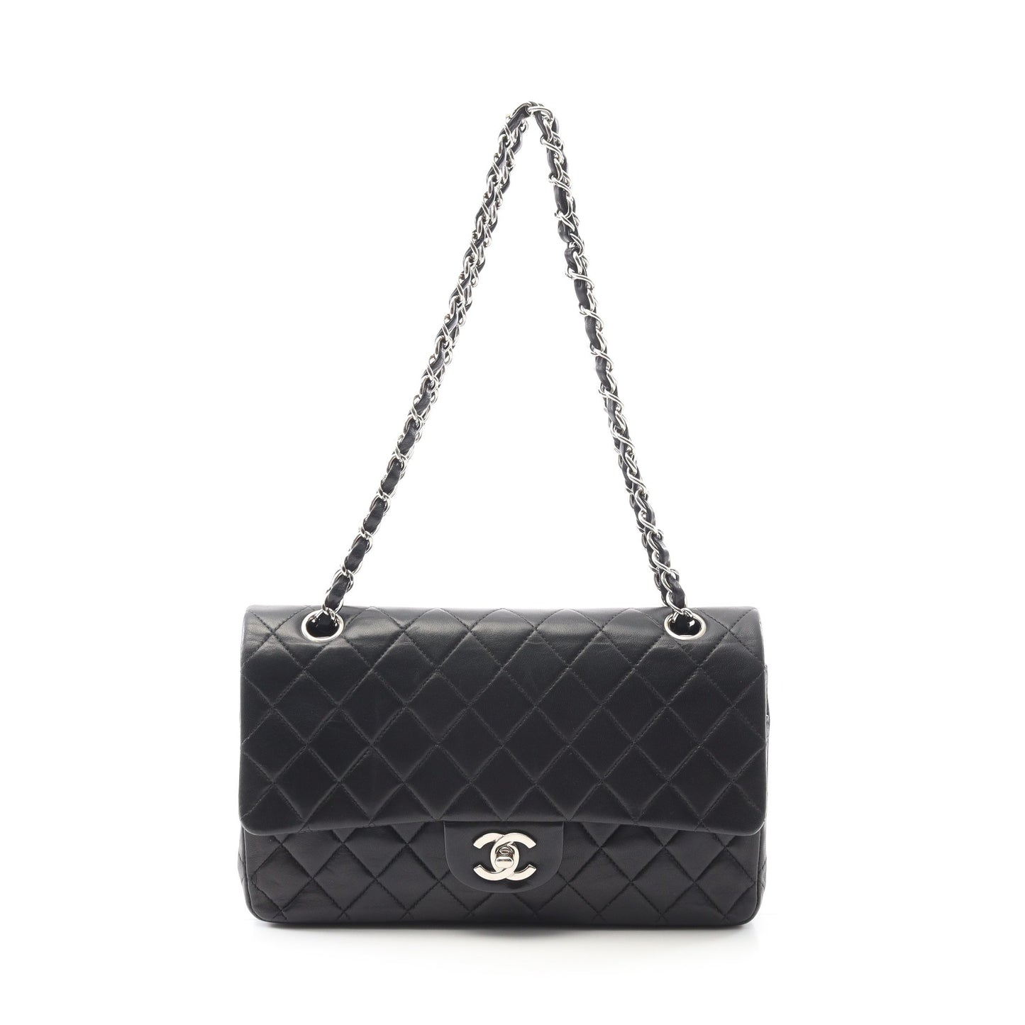 マトラッセ Wフラップ Wチェーンショルダーバッグ ラムスキン ブラック シルバー金具 シャネル バッグ CHANEL
