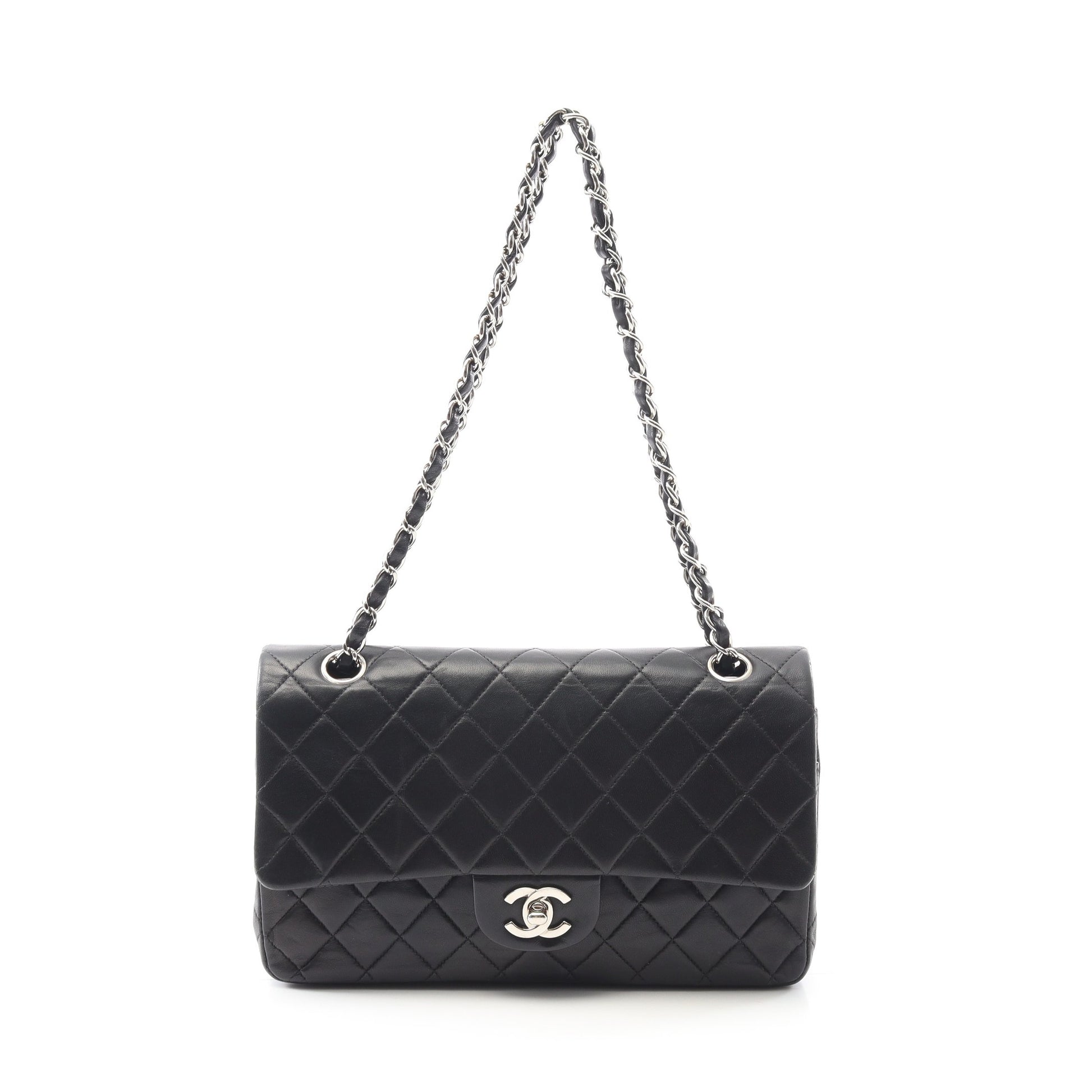 マトラッセ Wフラップ Wチェーンショルダーバッグ ラムスキン ブラック シルバー金具 シャネル バッグ CHANEL