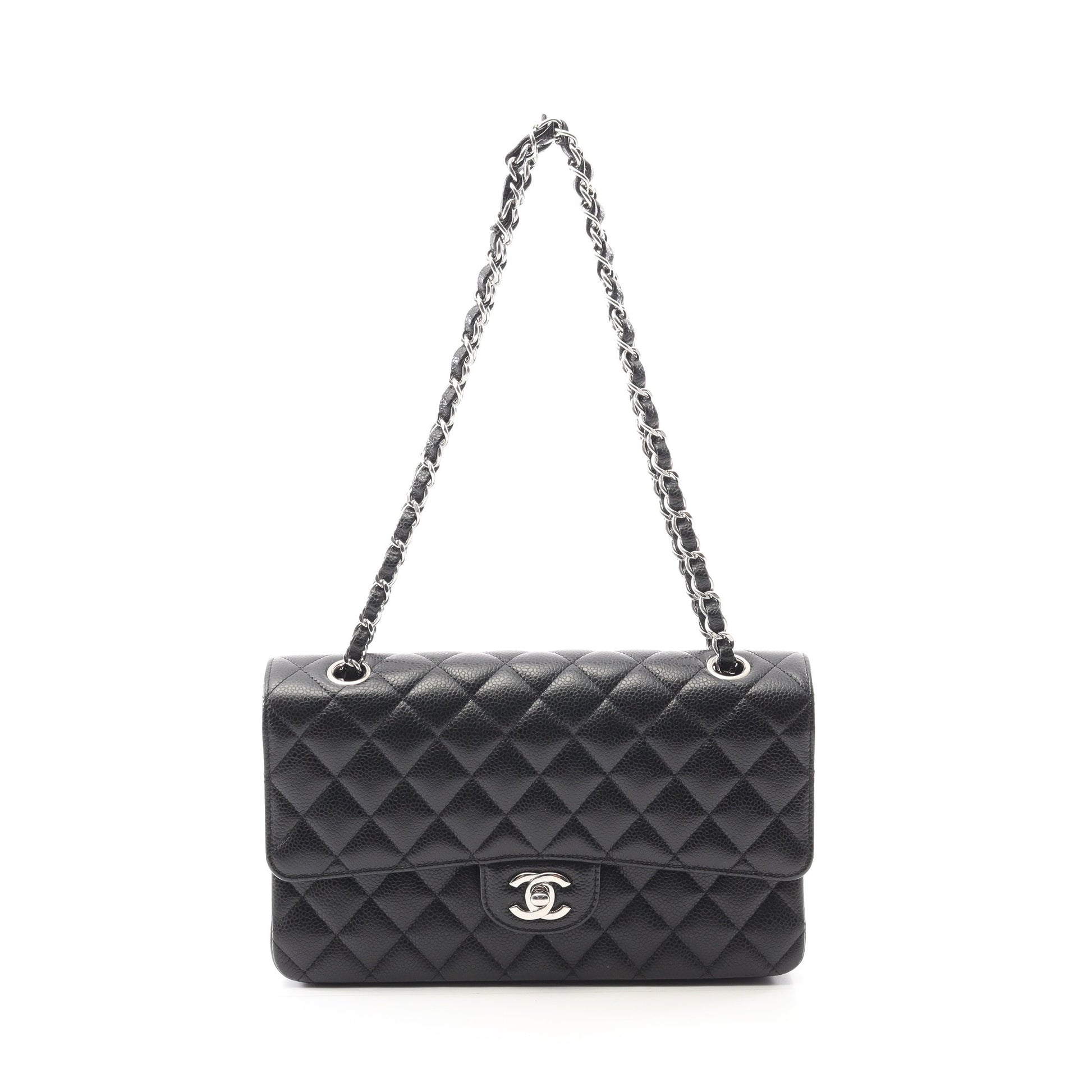マトラッセ Wフラップ Wチェーンショルダーバッグ キャビアスキン ブラック シルバー金具 シャネル バッグ CHANEL