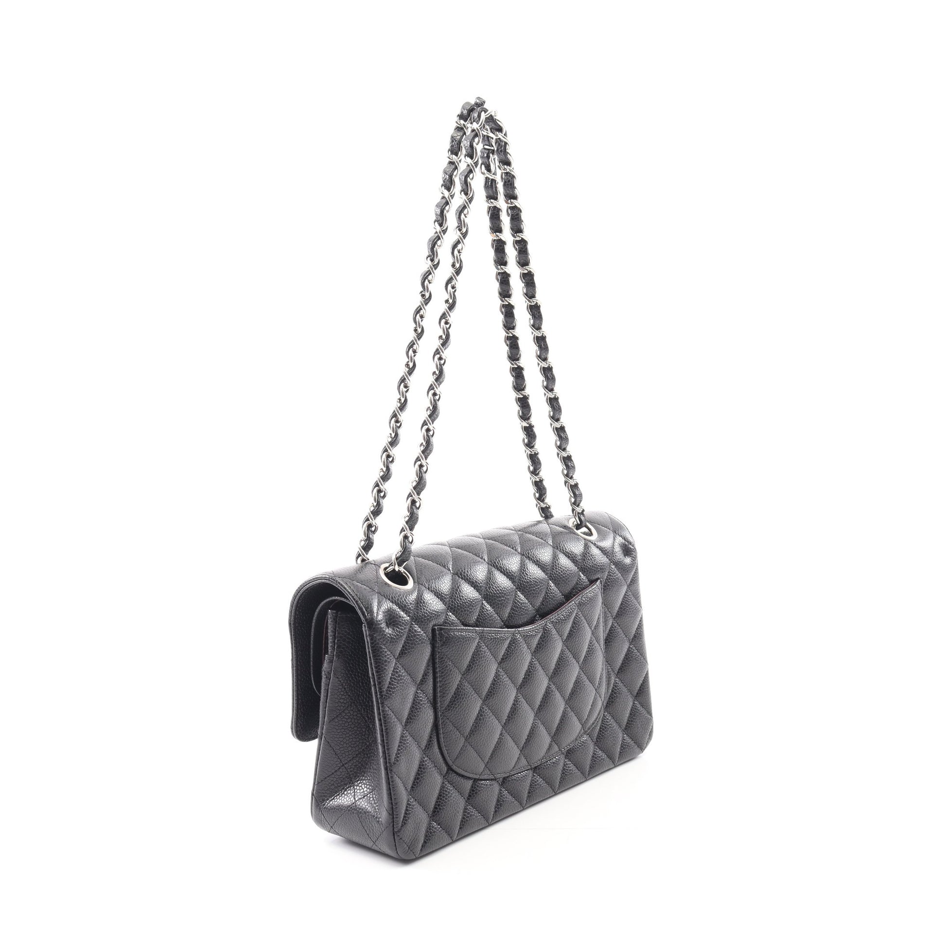 マトラッセ Wフラップ Wチェーンショルダーバッグ キャビアスキン ブラック シルバー金具 シャネル バッグ CHANEL