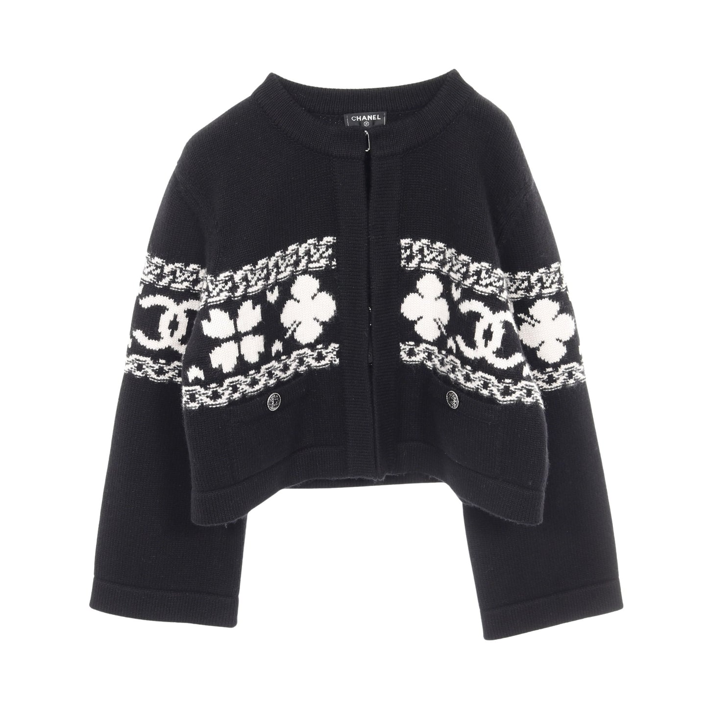 ココマーク クローバー クロップド ニット カーディガン カシミヤ コットン ブラック ホワイト シャネル トップス CHANEL